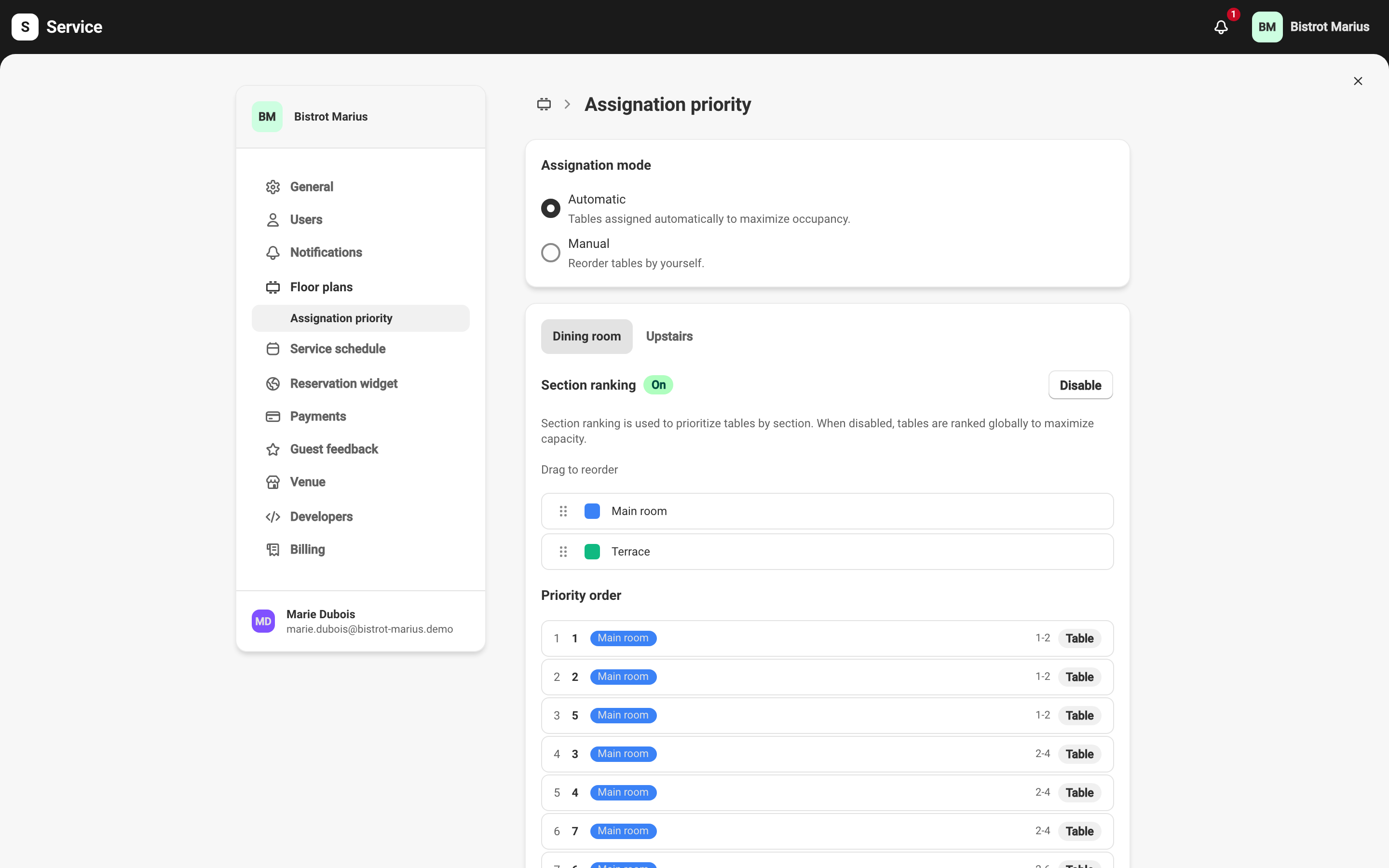 The Assignation priority screen: the Assignation mode, Section ranking and the Priority order of tables.