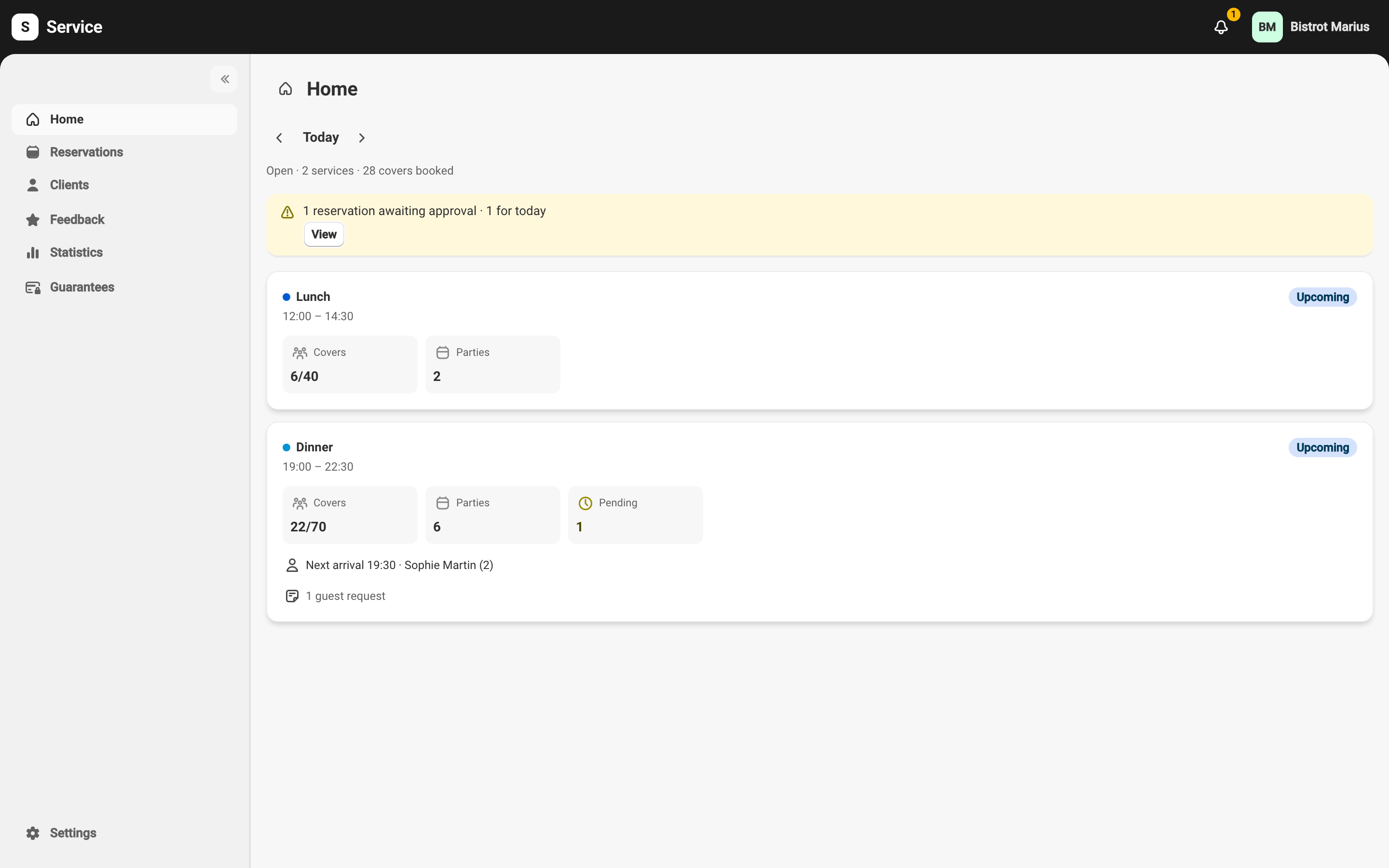 The Service back office home, with the navigation menu on the left and the day summary on the right.