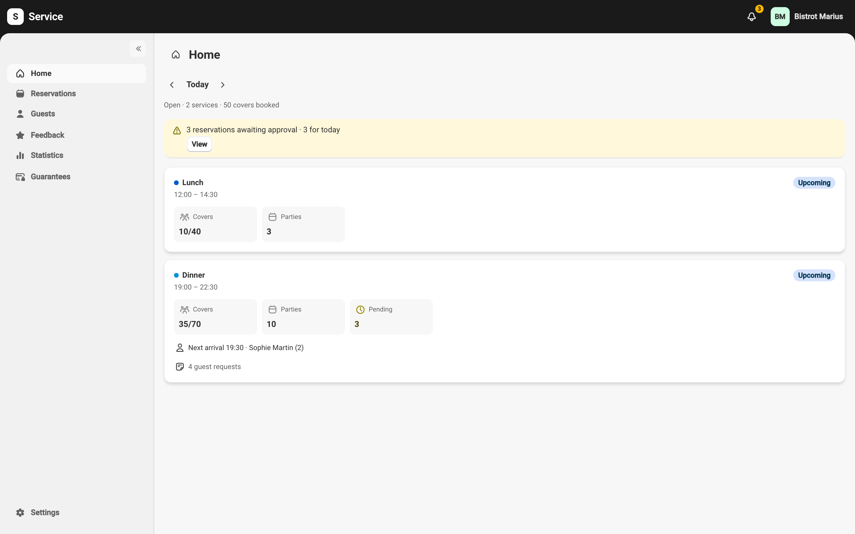 The Service back office home, with the navigation menu on the left and the day summary on the right.