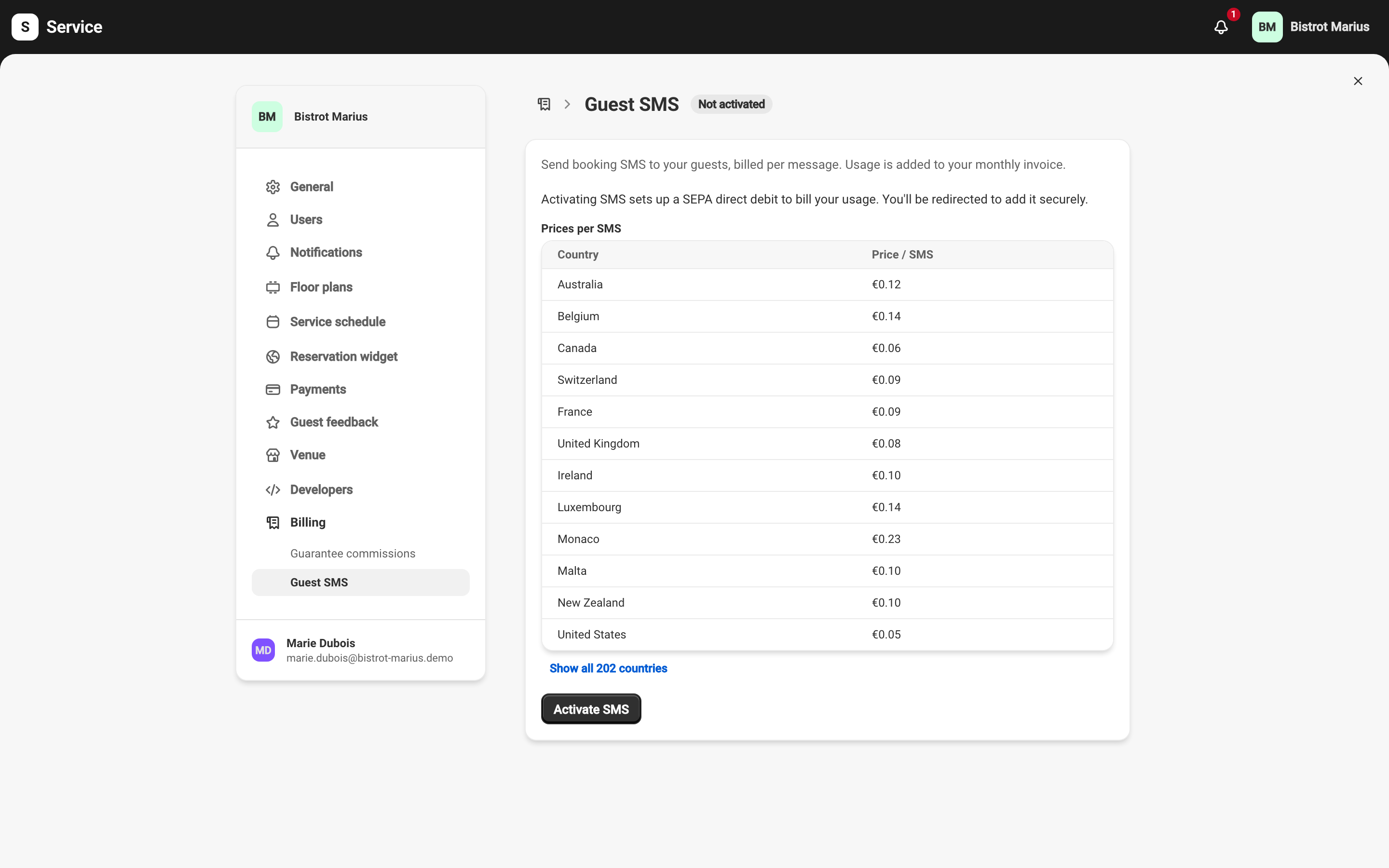 The Guest SMS page before activation: the activation text, the Prices per SMS grid with the price per country (France €0.09) and the Activate SMS button.
