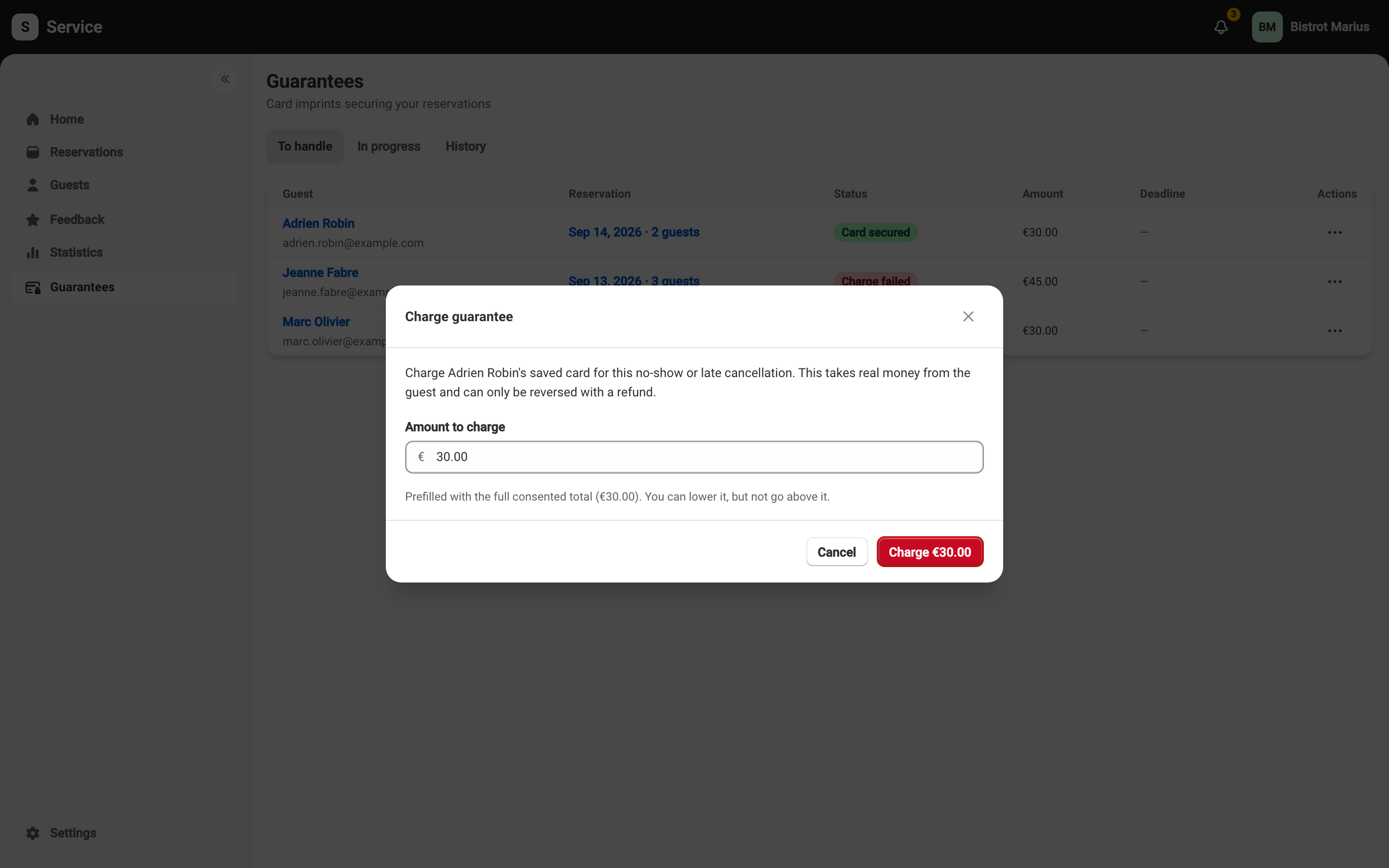 The charge window for a guarantee, amount prefilled to the consented total and editable downward.