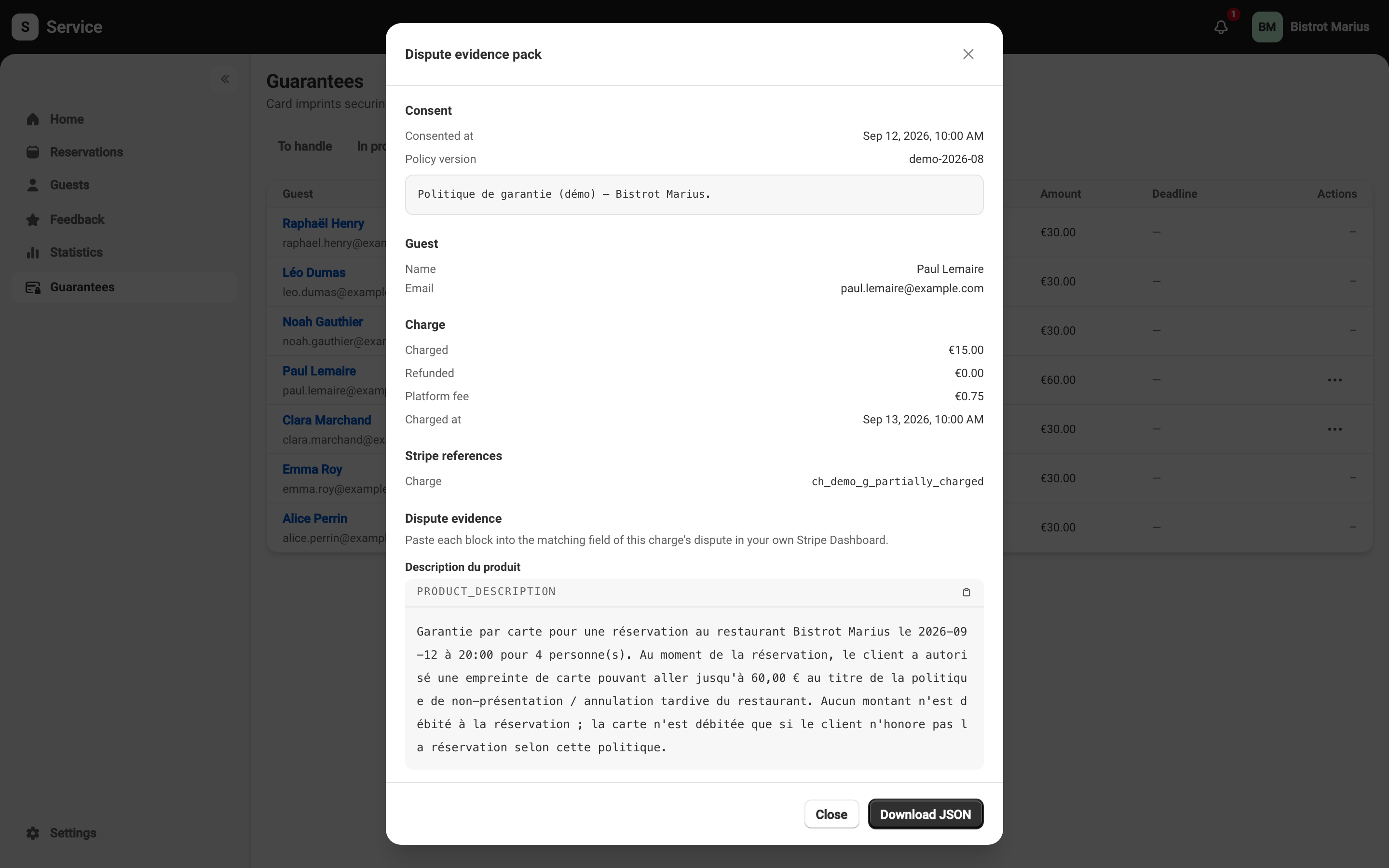 The dispute evidence pack, with its consent, charge, guest, event-trail and Stripe-reference sections.