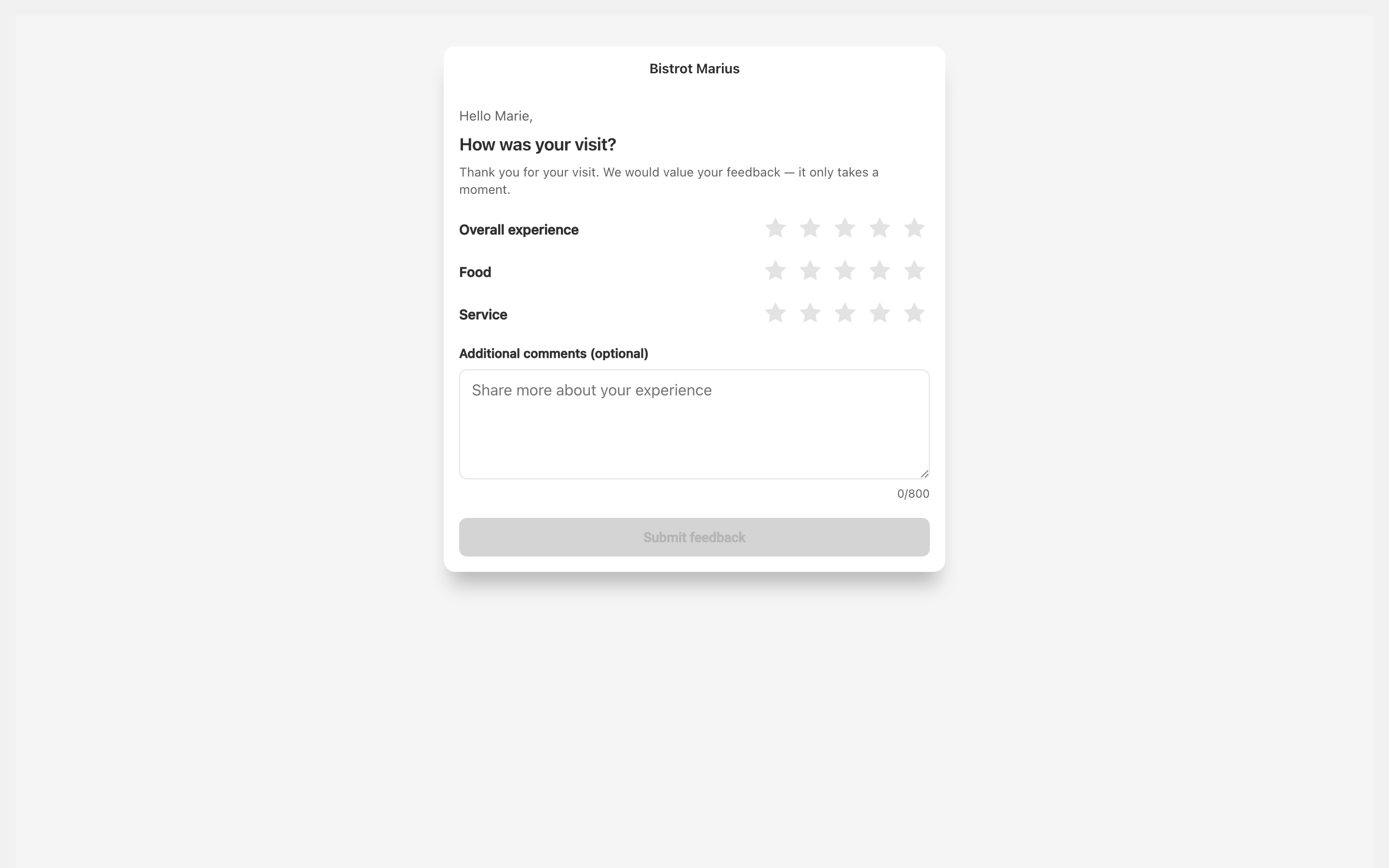 The guest's response page in the venue's colours: the header with the venue name, the first-name greeting, the question 'How was your visit?', the three star ratings (overall experience, food, service), the optional comment field and the 'Submit feedback' button.
