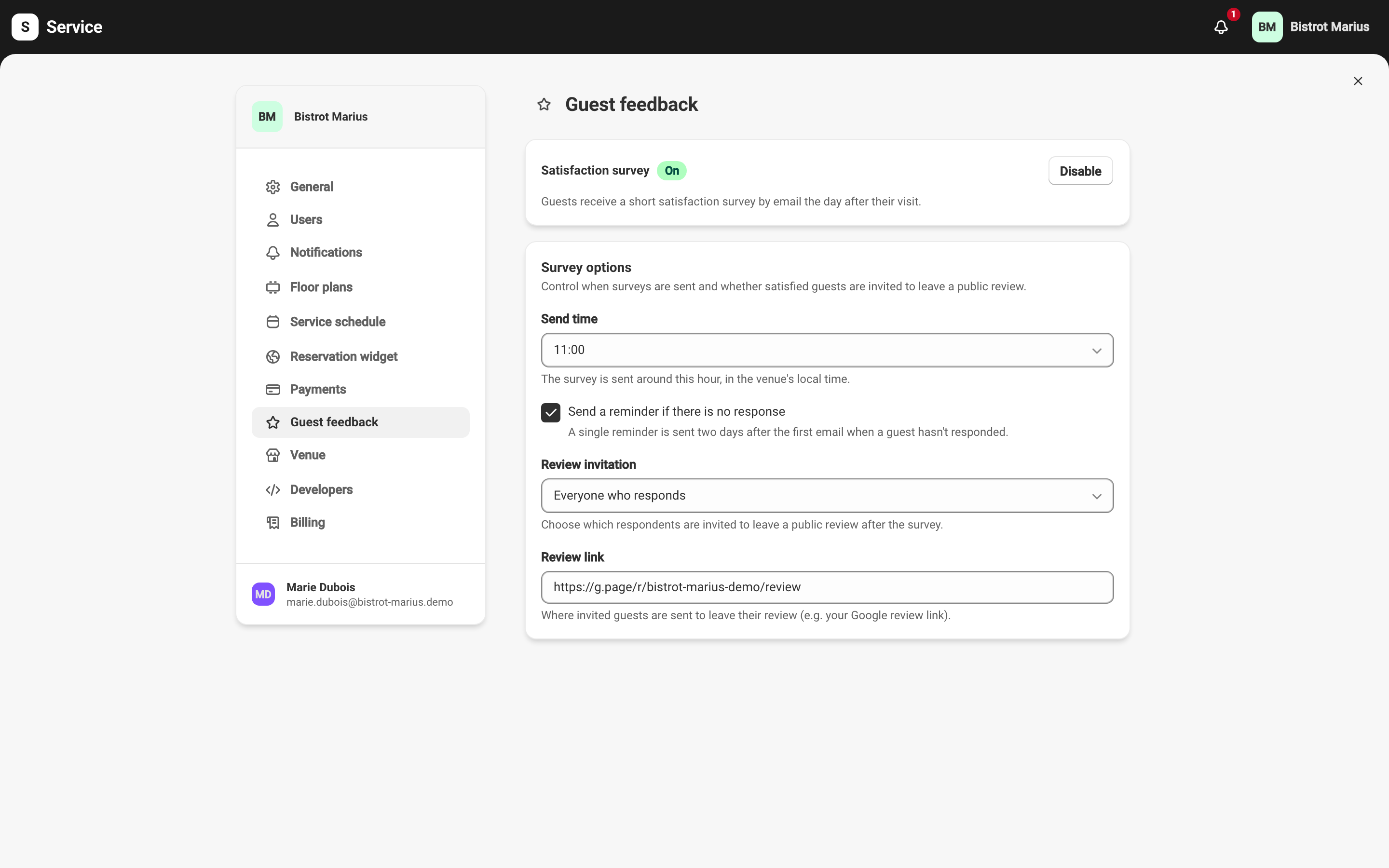 The satisfaction-survey settings screen, enabled: the 'Satisfaction survey' toggle marked On, then the options card — send time, reminder checked, review invitation set to all respondents, and the review-link field filled in.