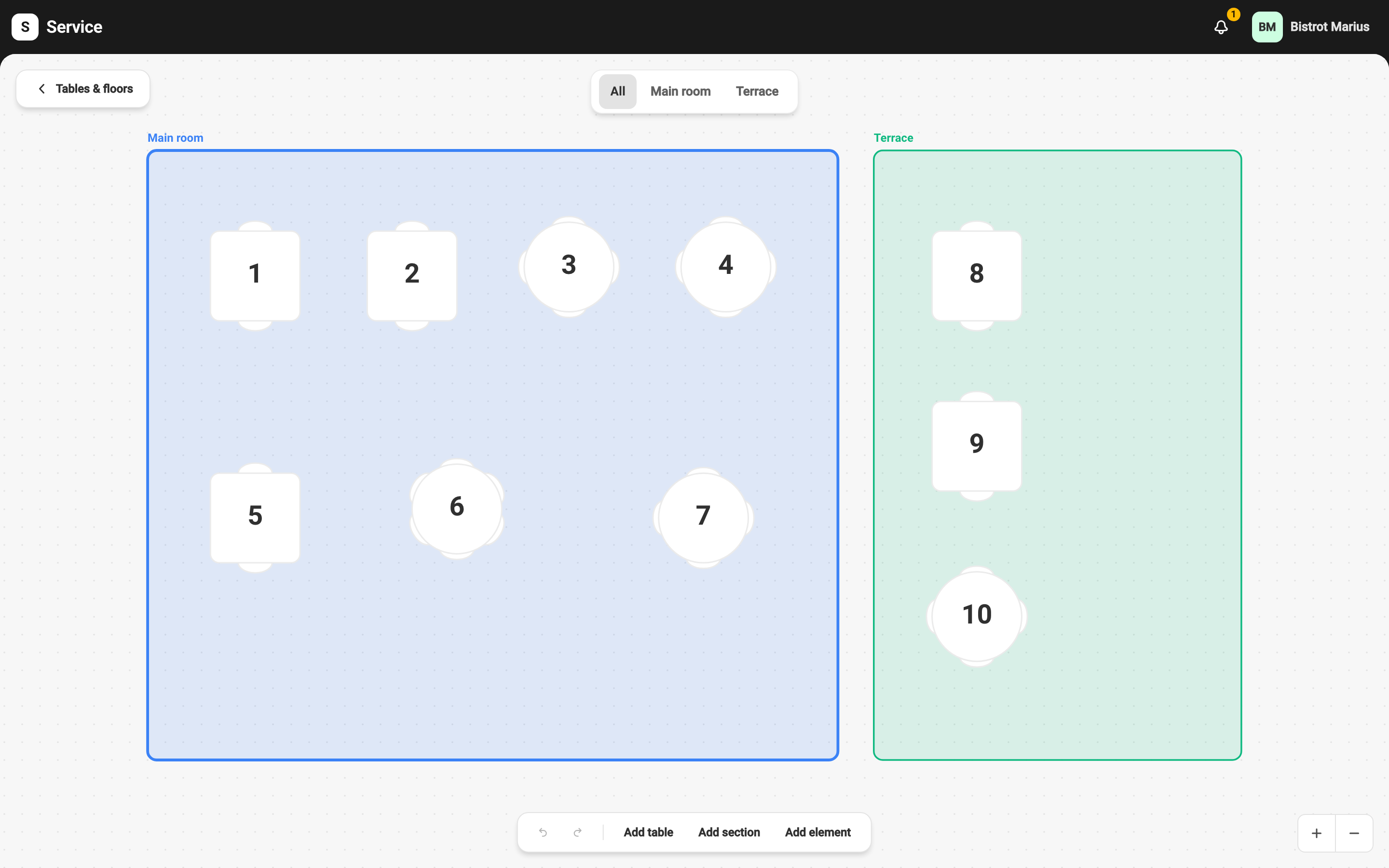 The floor plan editor, with the toolbar, the canvas, and the side panel of a selected table.
