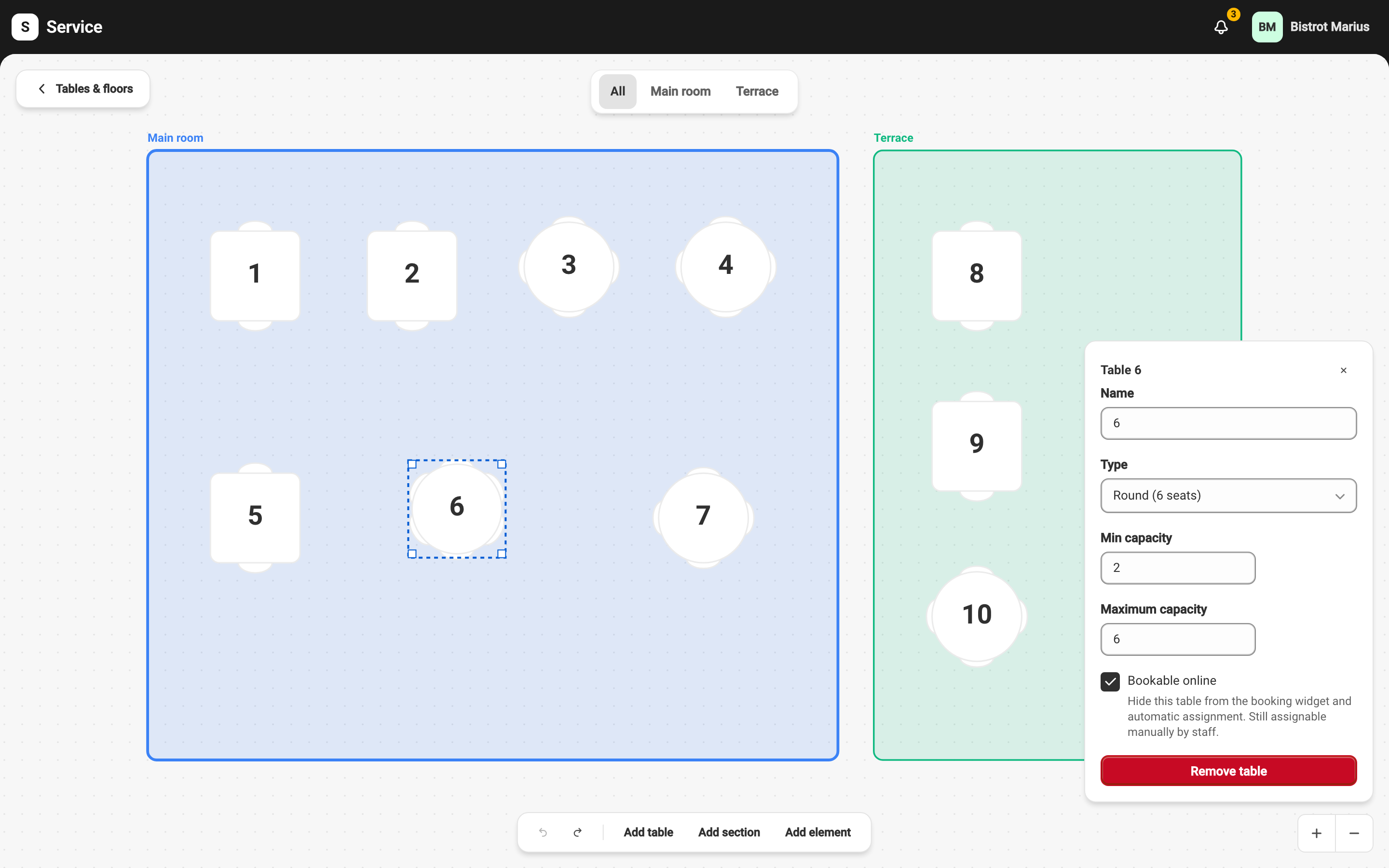 The floor plan editor with a table selected: the canvas of rooms and tables, and the selected table's detail panel (name, type, min and max capacity, bookable-online) open on the right.