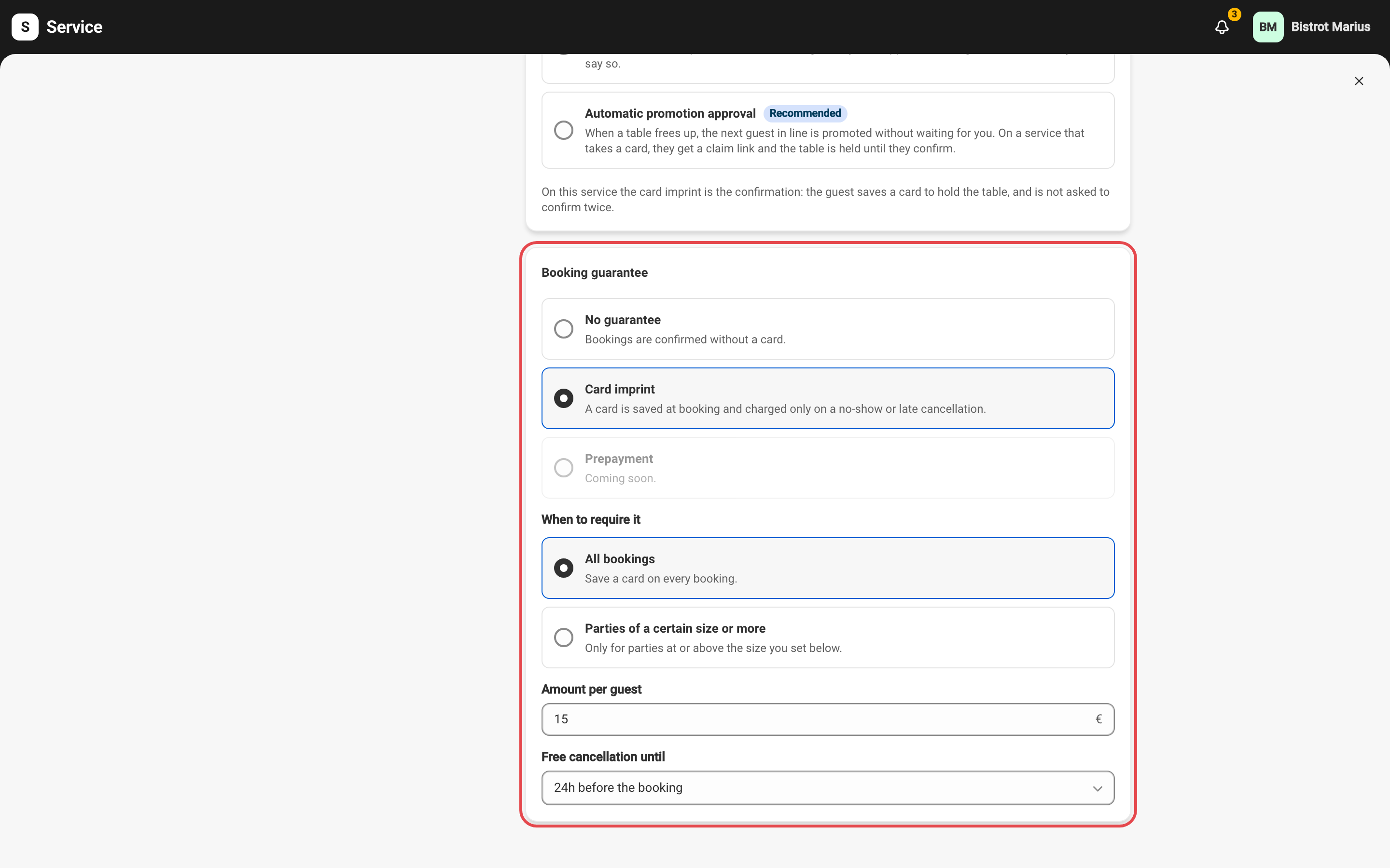 The Booking guarantee block with card imprint turned on: the amount per guest, the trigger, and the free-cancellation window.