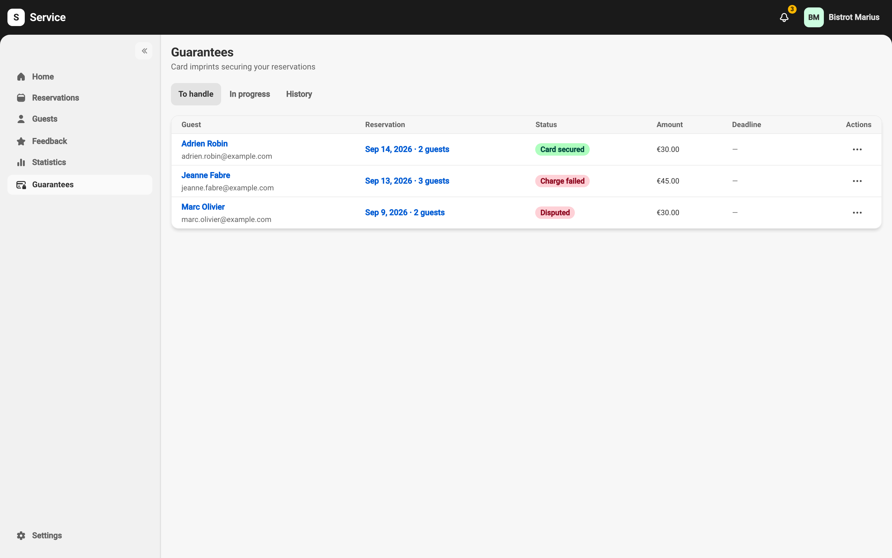 The Guarantees screen, To handle tab, with several imprints and their status.