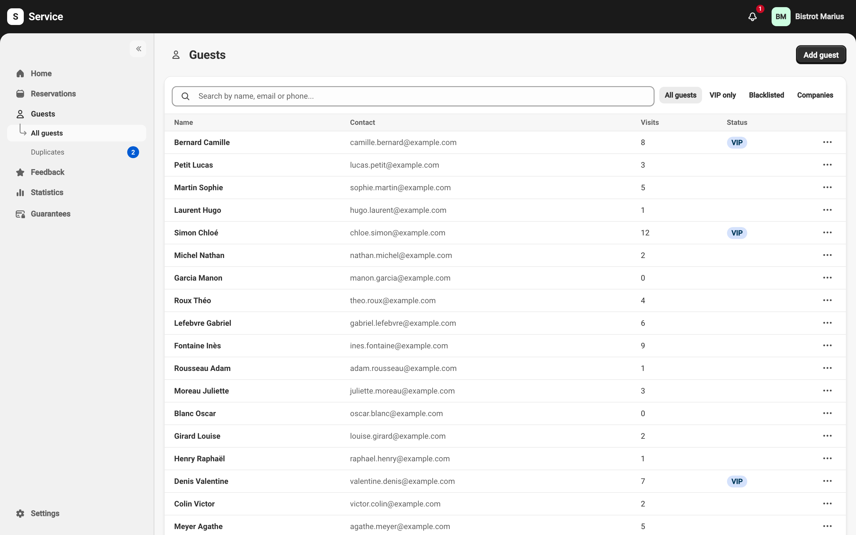 The Guests list: one row per guest with the name, a contact detail, the visit count and status, above the search field and the All guests, VIP only and Blacklisted filters.