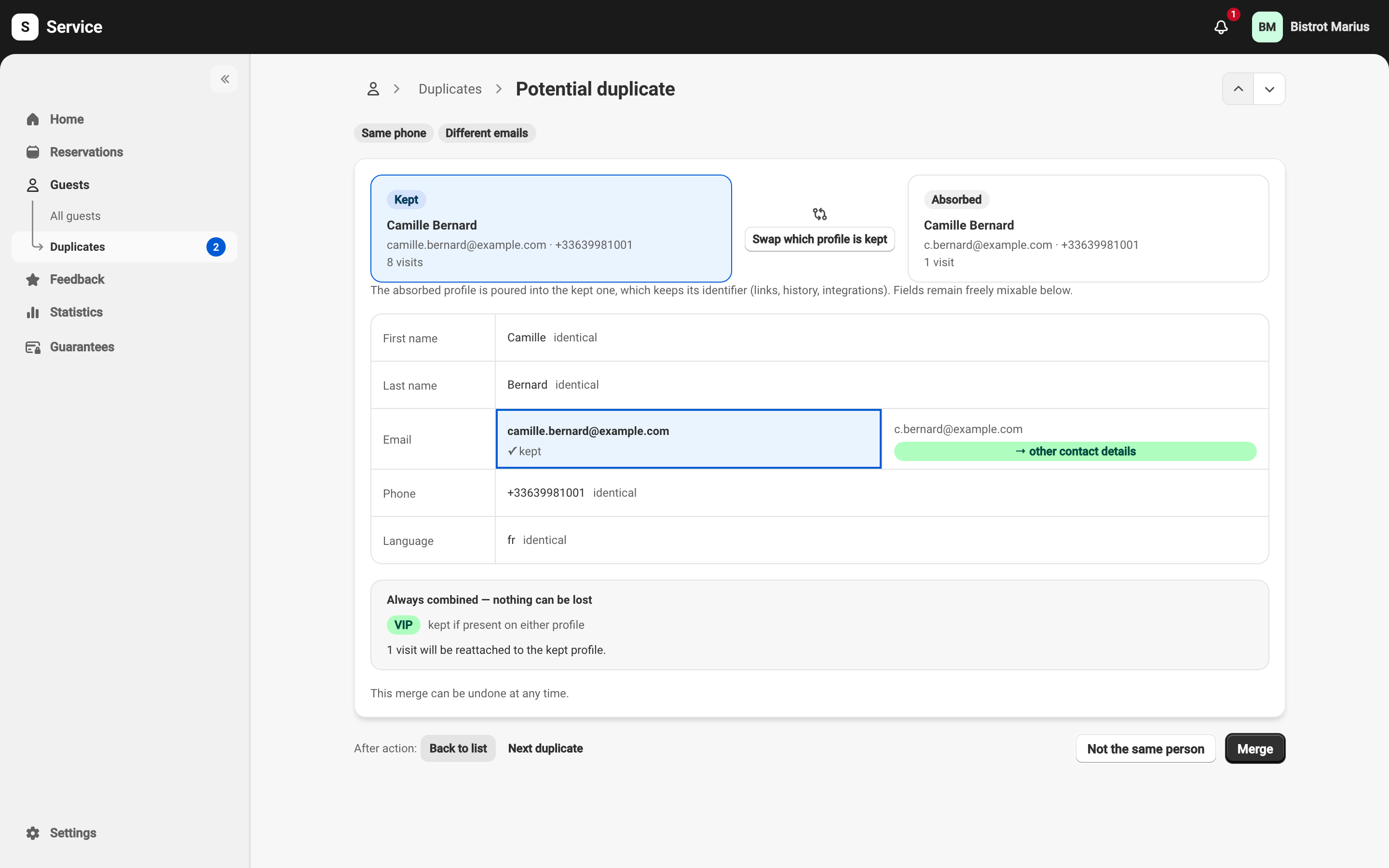 The Potential duplicate comparison screen: the Kept and Absorbed profiles side by side with a Swap button, the field-by-field comparison (first name, last name, email, phone) where each conflicting value is chosen, and the Merge and Not the same person actions at the bottom.