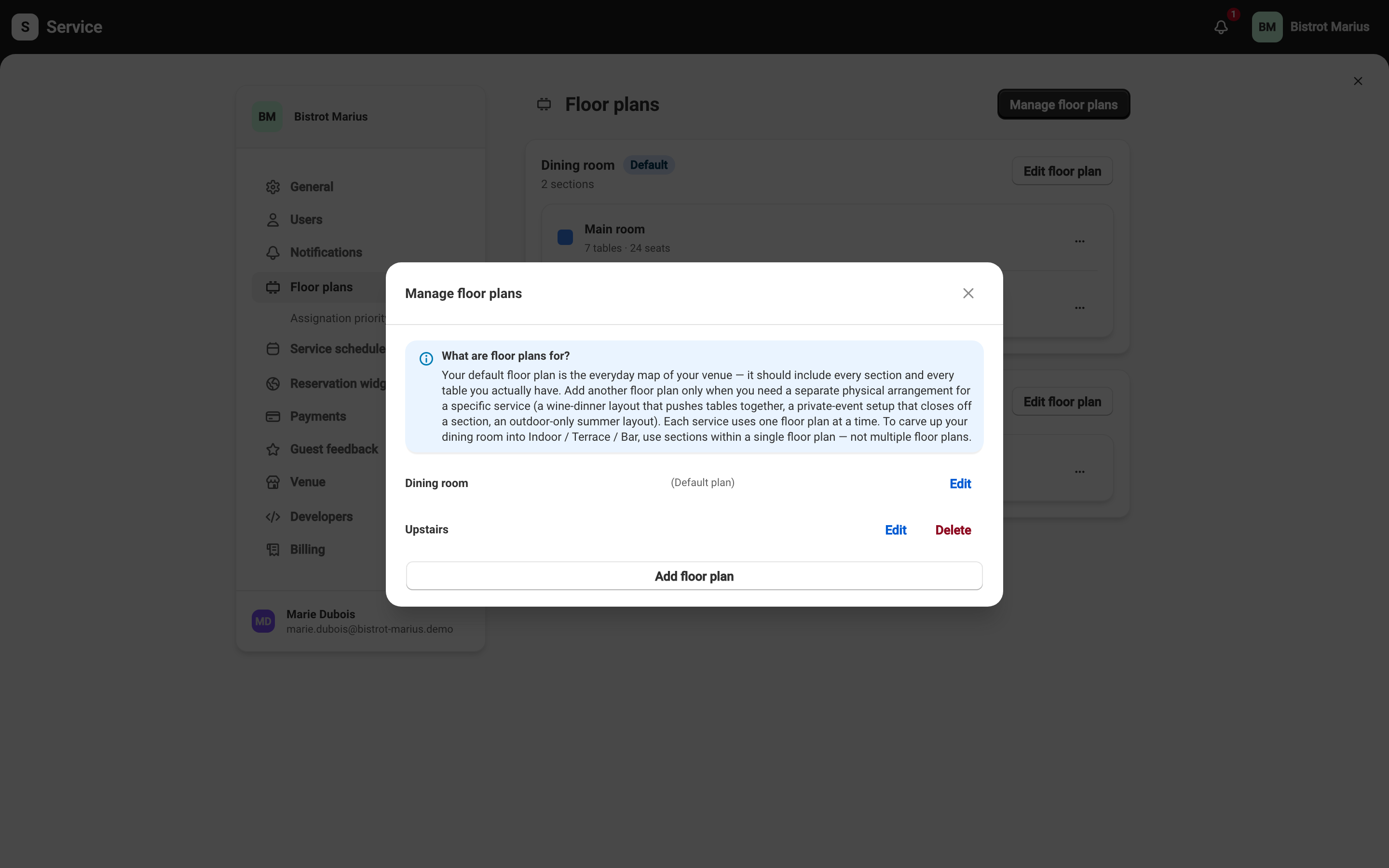 The Manage floor plans dialog: the explanation of what they are for, the list of plans and the default plan.