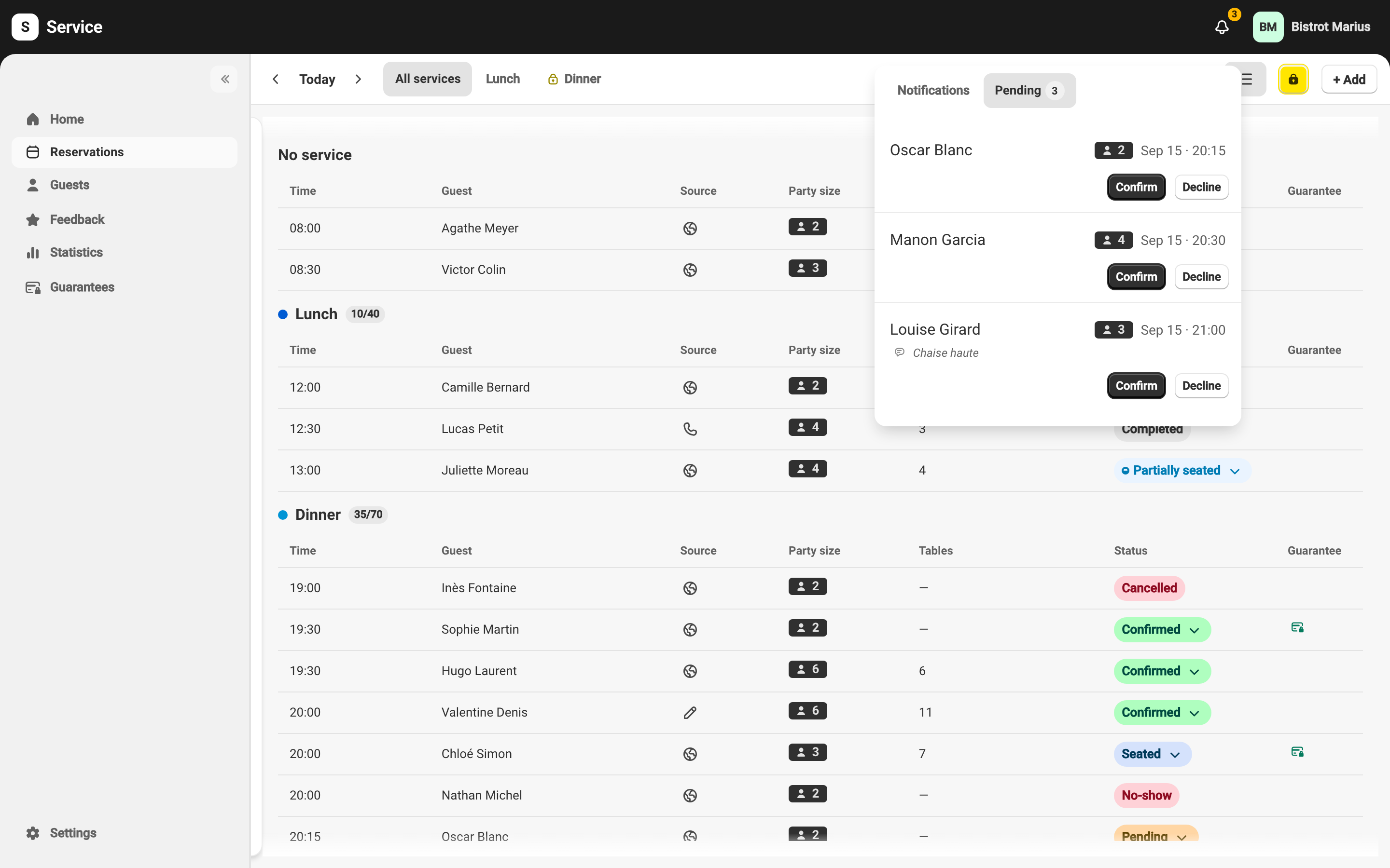 The notification center, Pending tab, with Confirm and Decline on a request.
