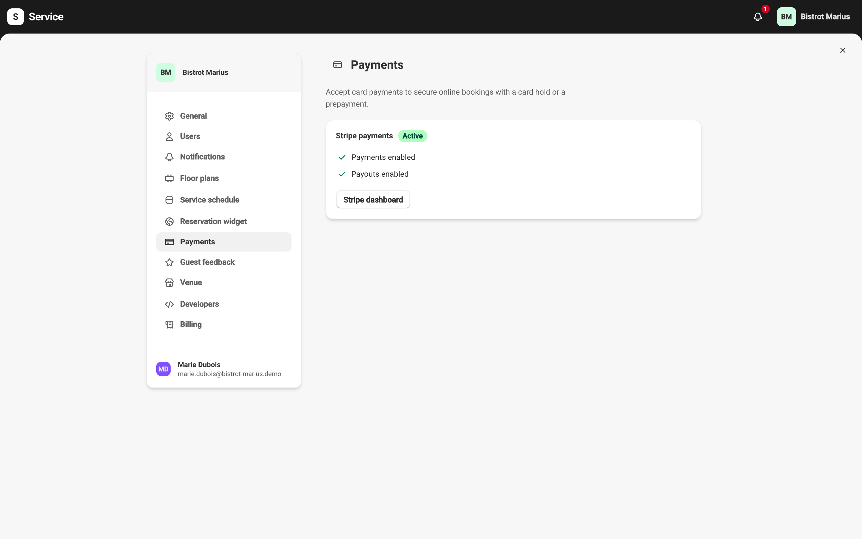The Payments screen with an active Stripe account: charges and payouts enabled.