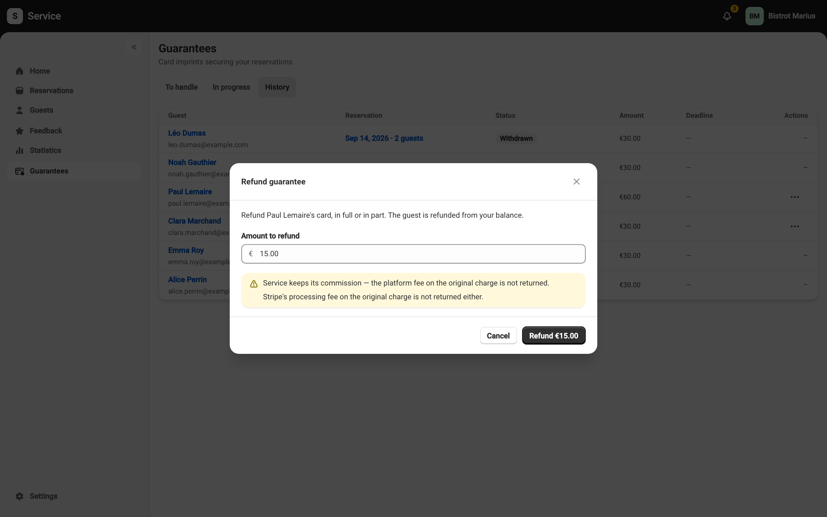 The refund window for a guarantee, noting that the commission is kept.