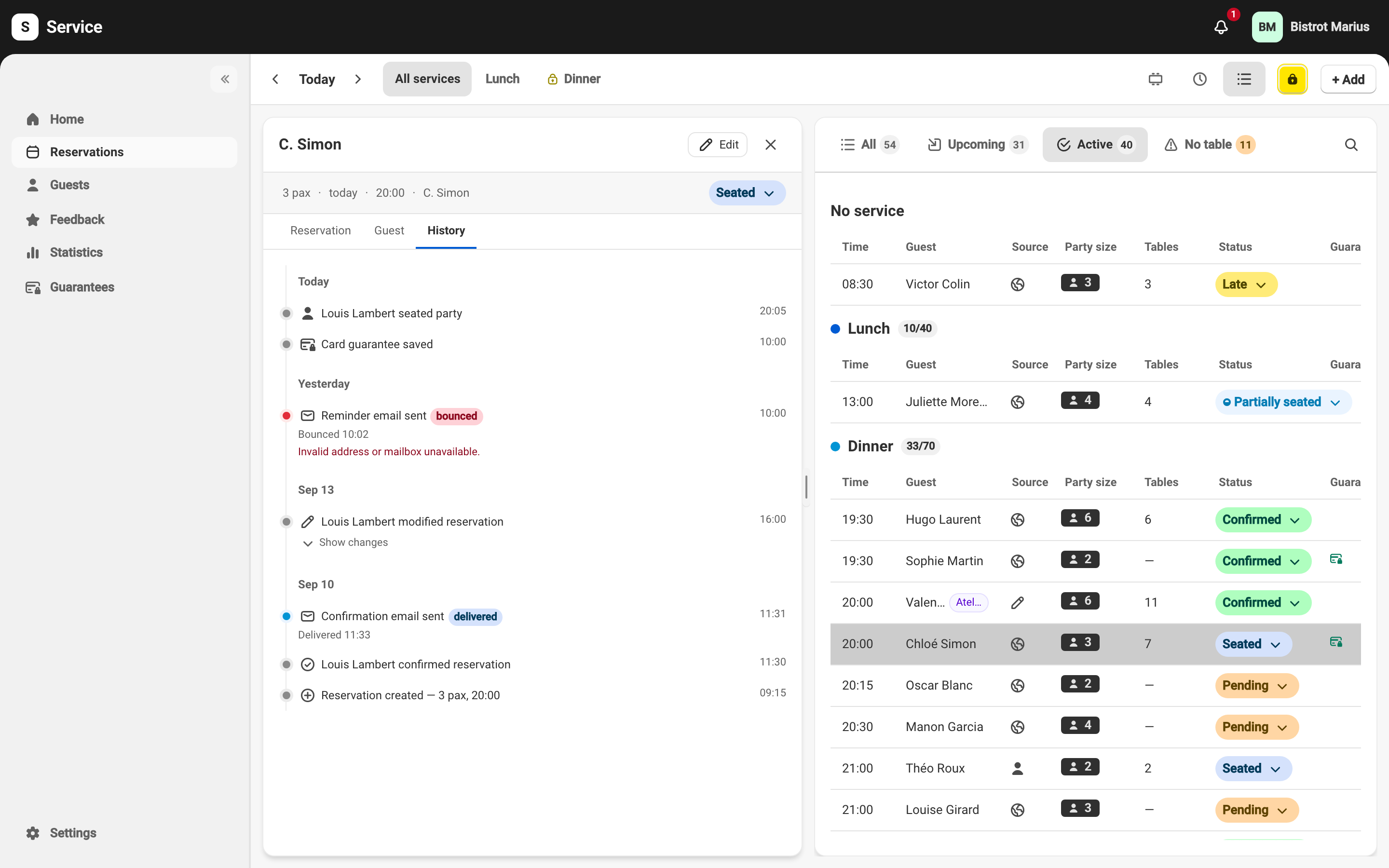 A reservation's History tab, with its dated events — lifecycle, guarantee, and guest emails with their delivery status (delivered, bounced).