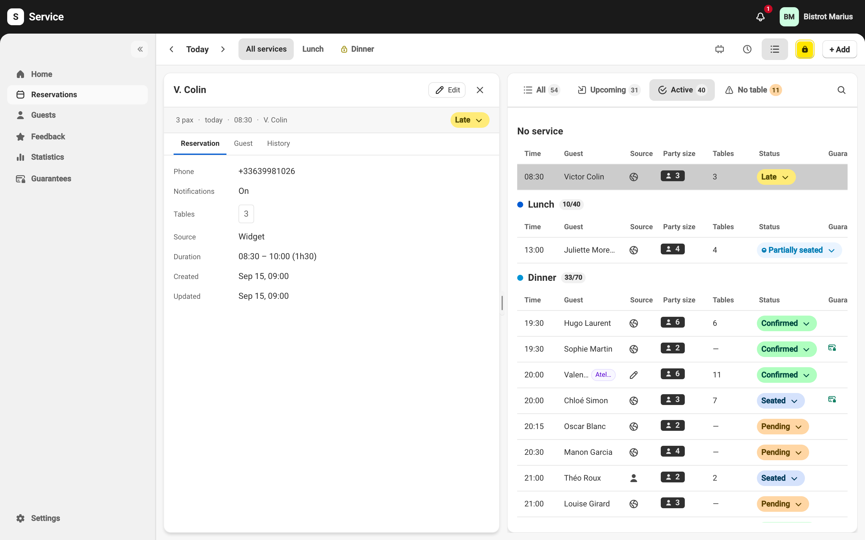 A reservation's detail panel, open on the Reservation tab.