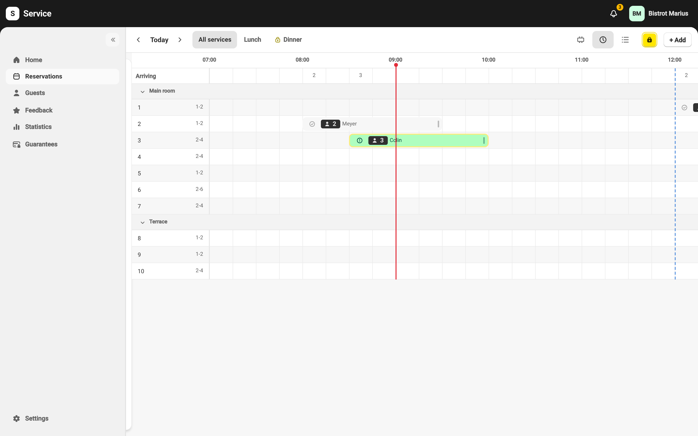 The Chronological view: a time grid, one block per reservation.