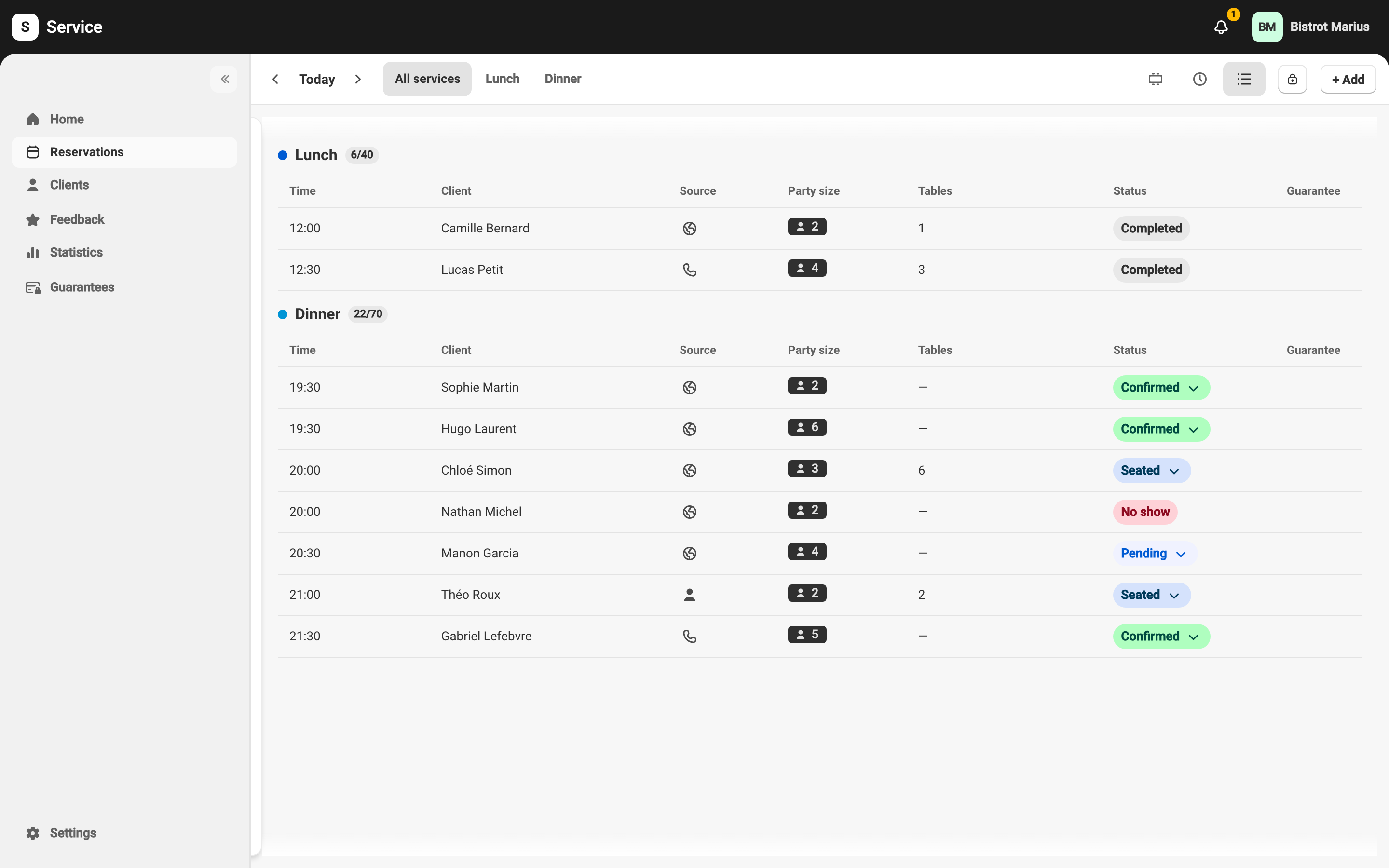 The Reservations day view, with the “+ Add” button in the top right.