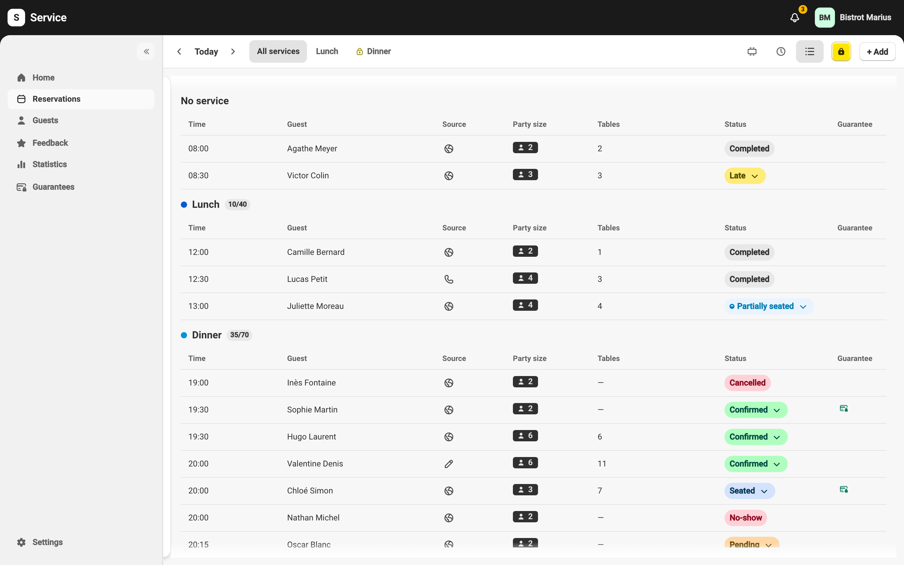 The Reservations day view, where each reservation's status is visible.