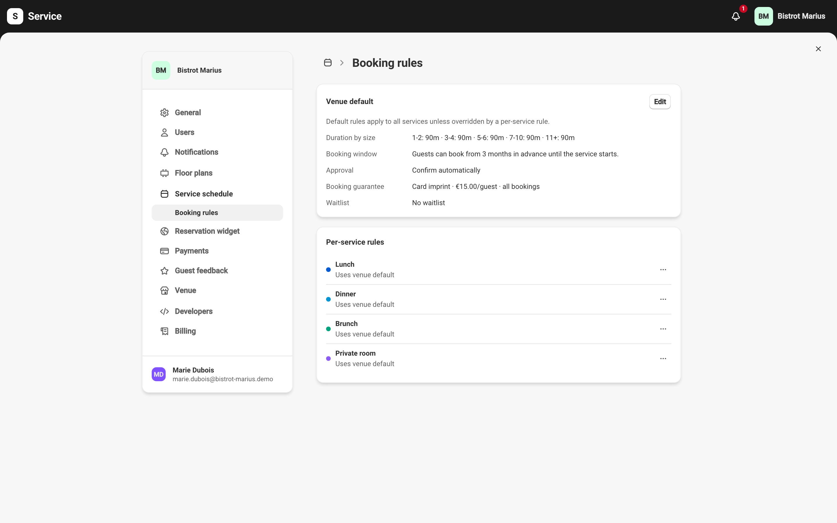 The Booking rules page: the Venue default card (duration by party size, booking window, approval, guarantee) above the per-service rules list.