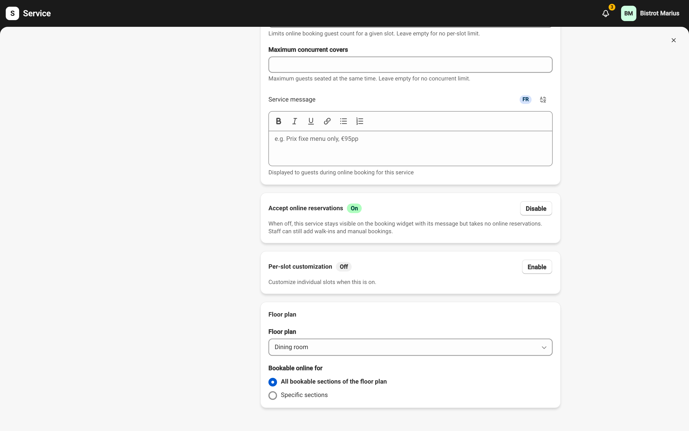 The “Accept online reservations” block of a service form, with the On badge and the Disable button.