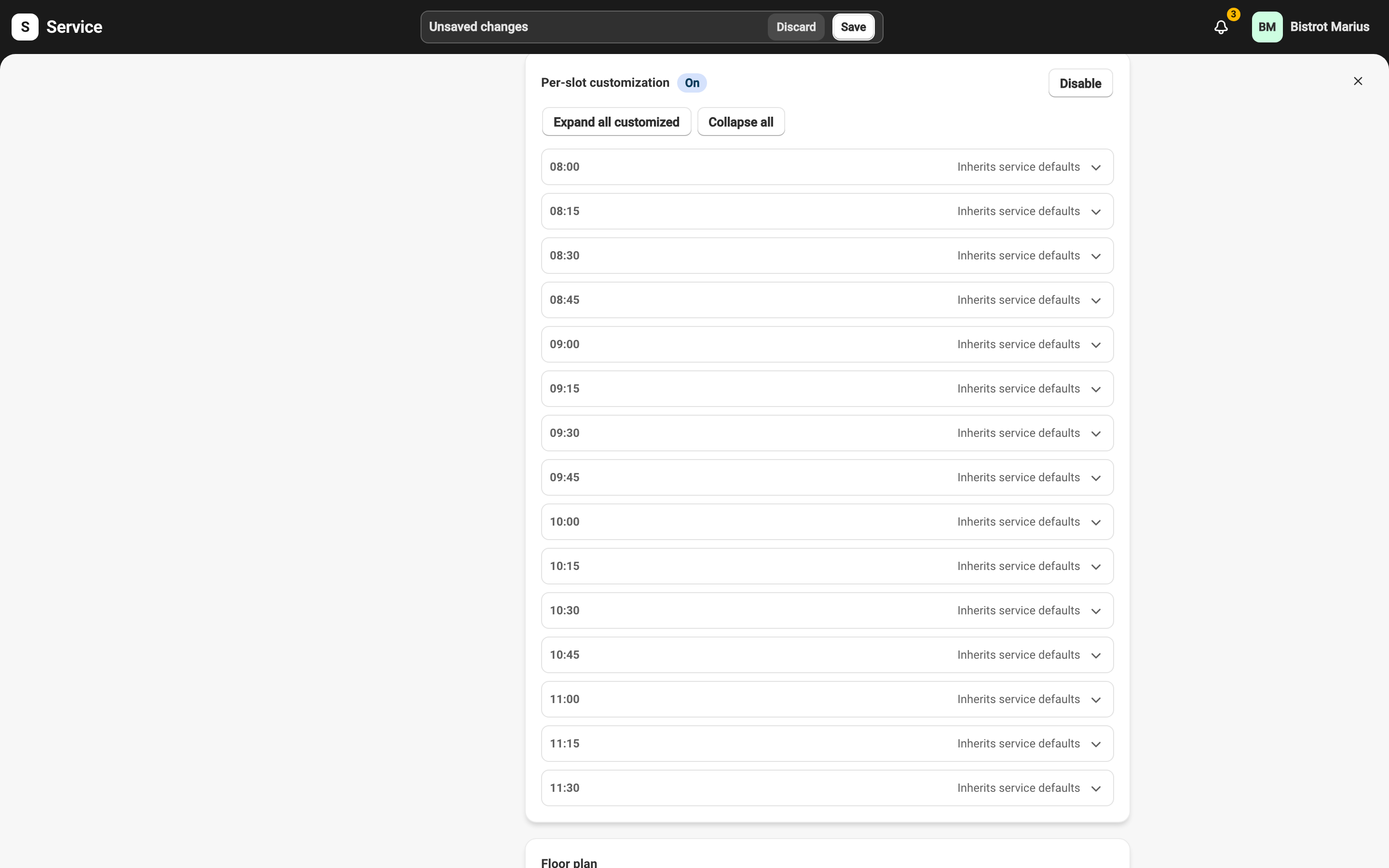 The Per-slot customization card enabled in a service form, with one slot per row reading “Inherits service defaults”.
