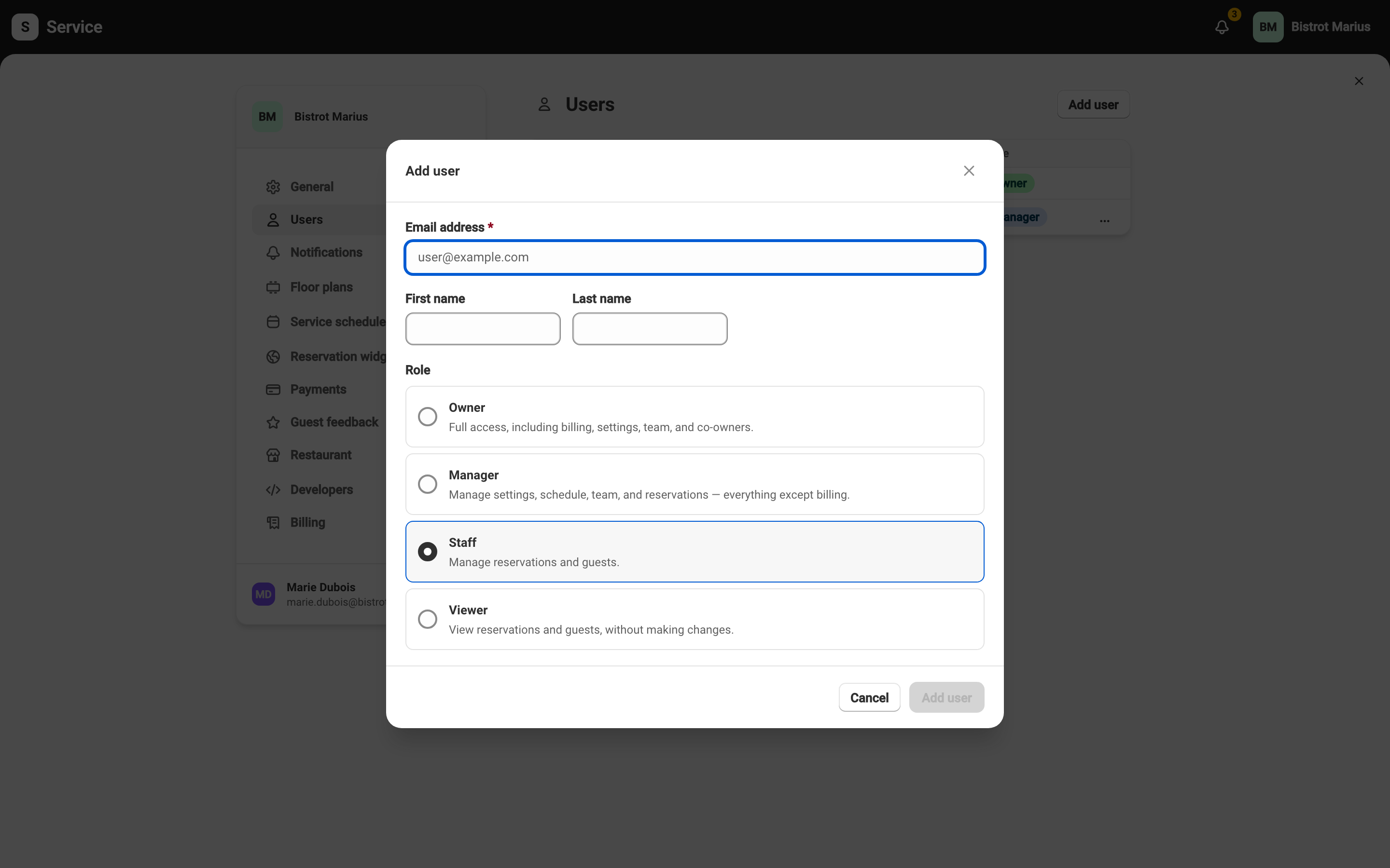 The add-user dialog, with email, name, and the role choice.