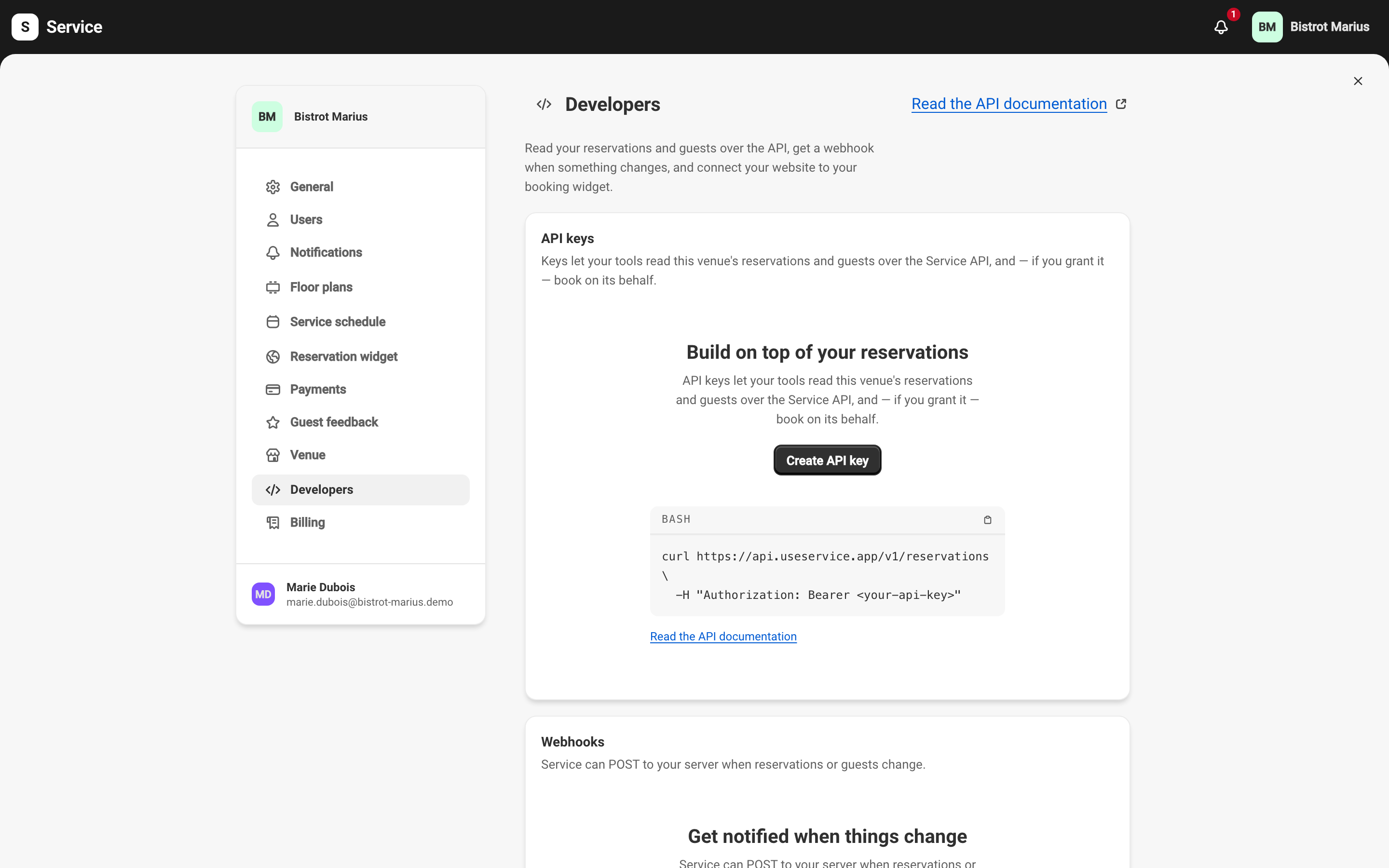 The API keys section of the Developers area, with the Create API key button.
