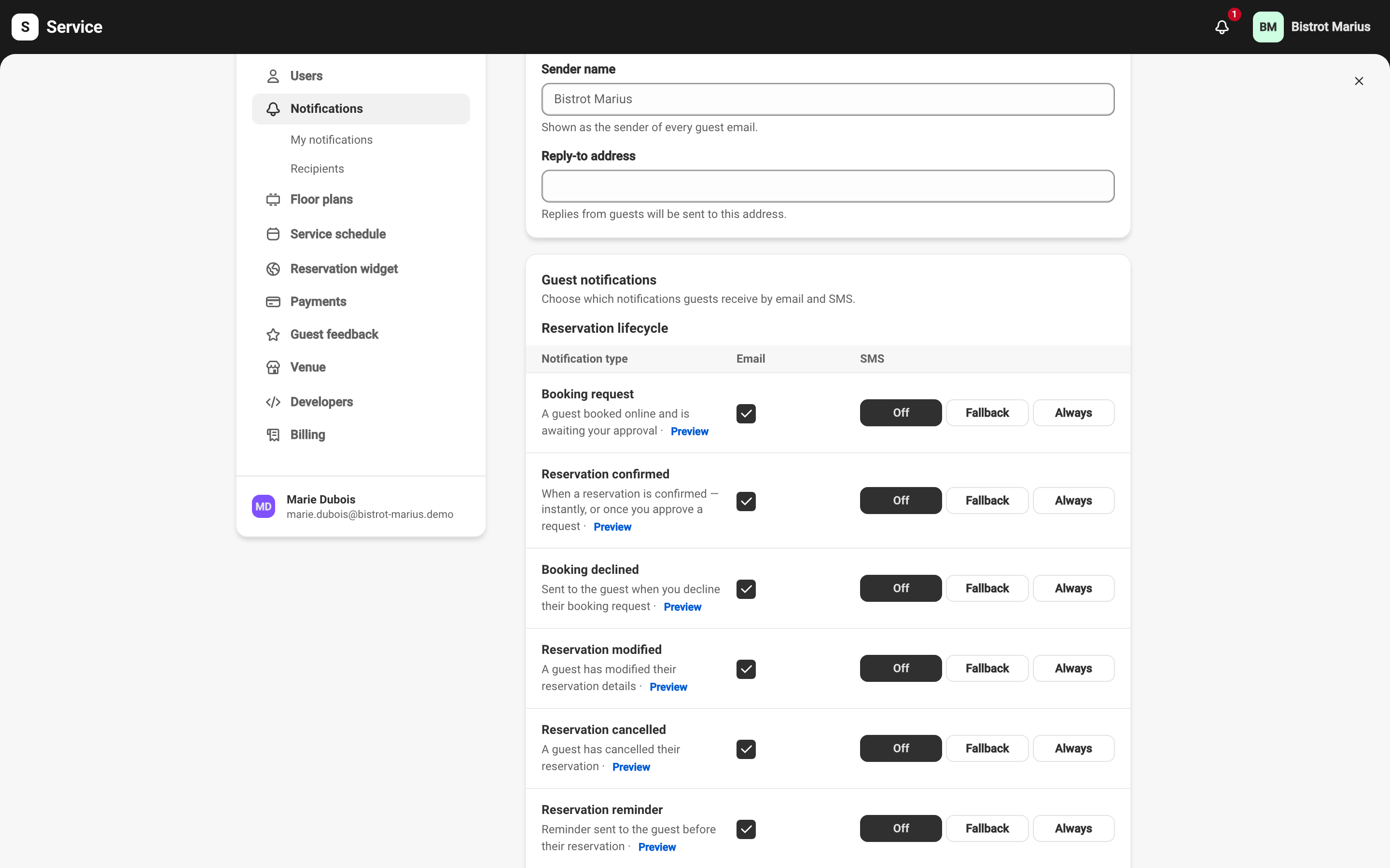 The guest-notifications table, with an Email column and an SMS column (Off, If no email, Always) for each event type.