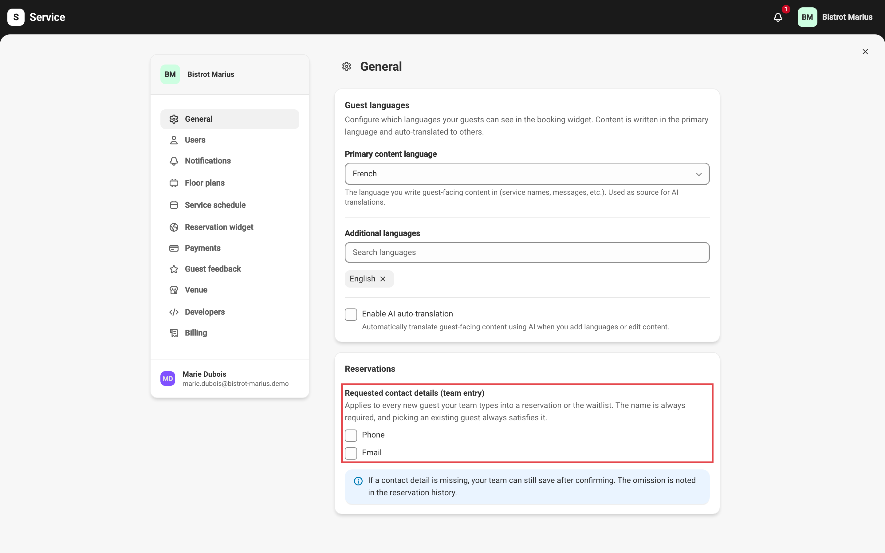 The Reservations card in the general settings, outlined in red: under “Requested contact details (team entry)”, the explanatory line and then the Phone and Email checkboxes, both unticked. Below the card, a notice says a missing detail can still be saved after confirming, with the omission noted in the reservation history.