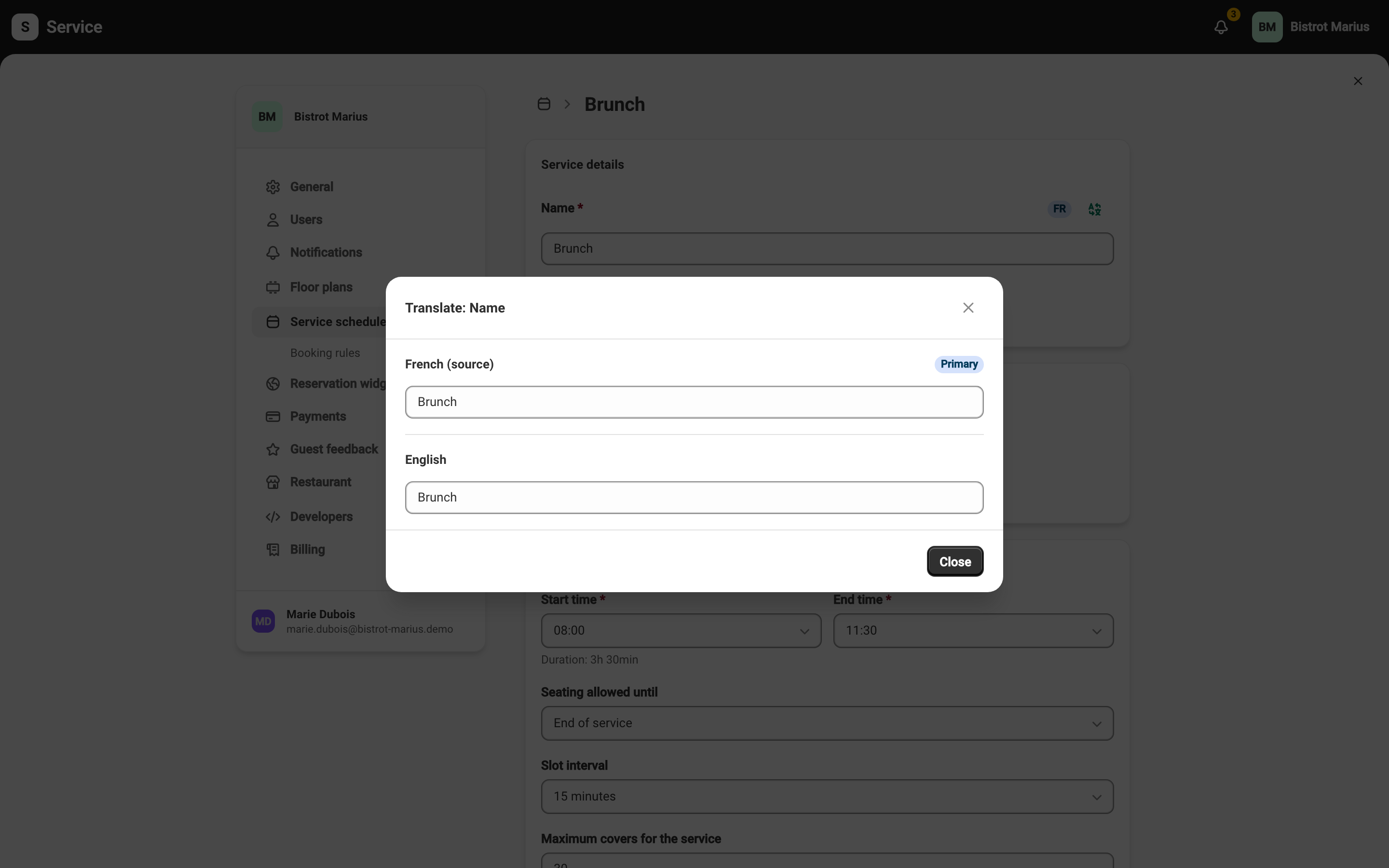 The Translate dialog for a field: the primary language marked (source), then each other language in an editable field.
