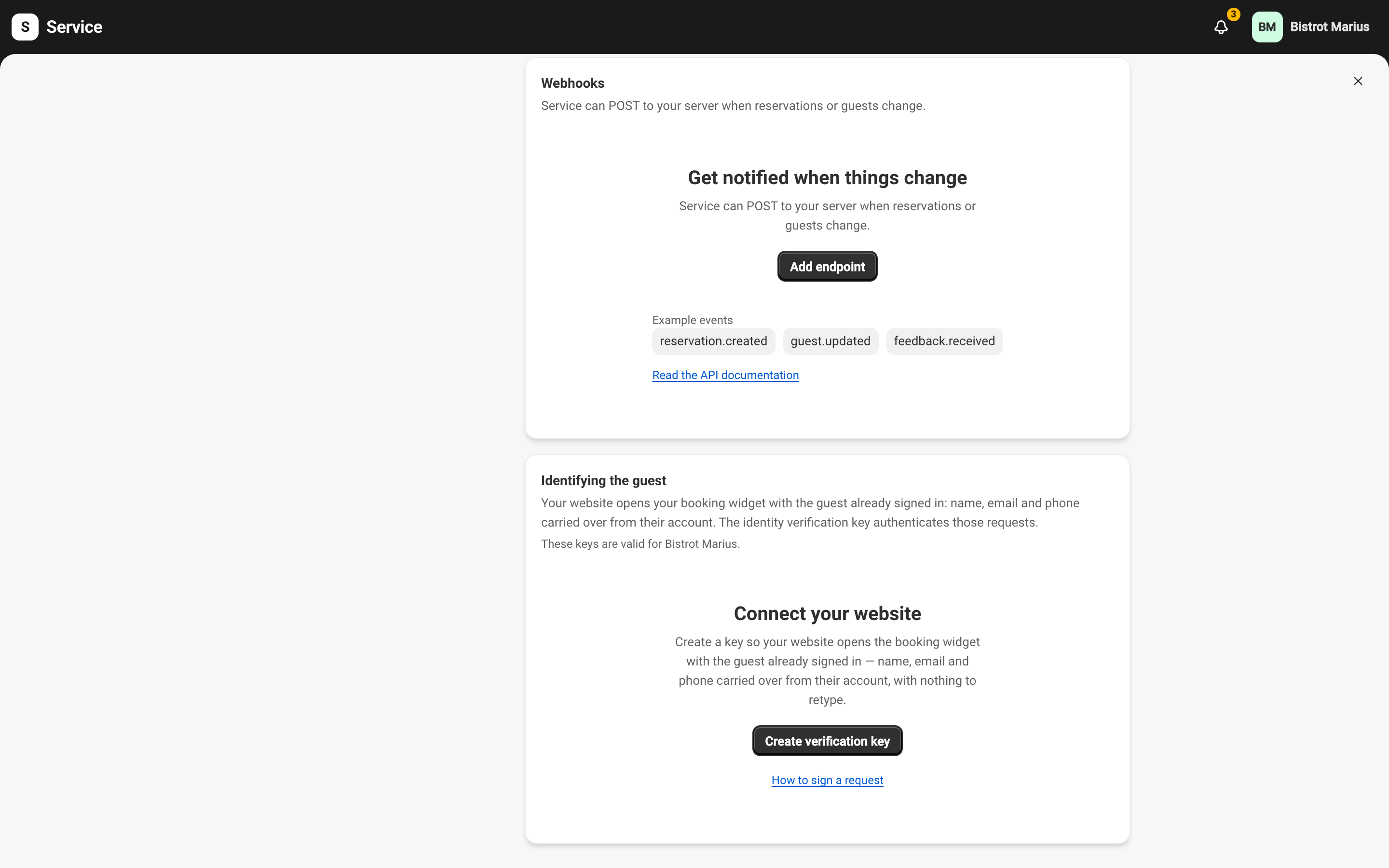 The Webhooks section of the Developers area, with the Add endpoint button.