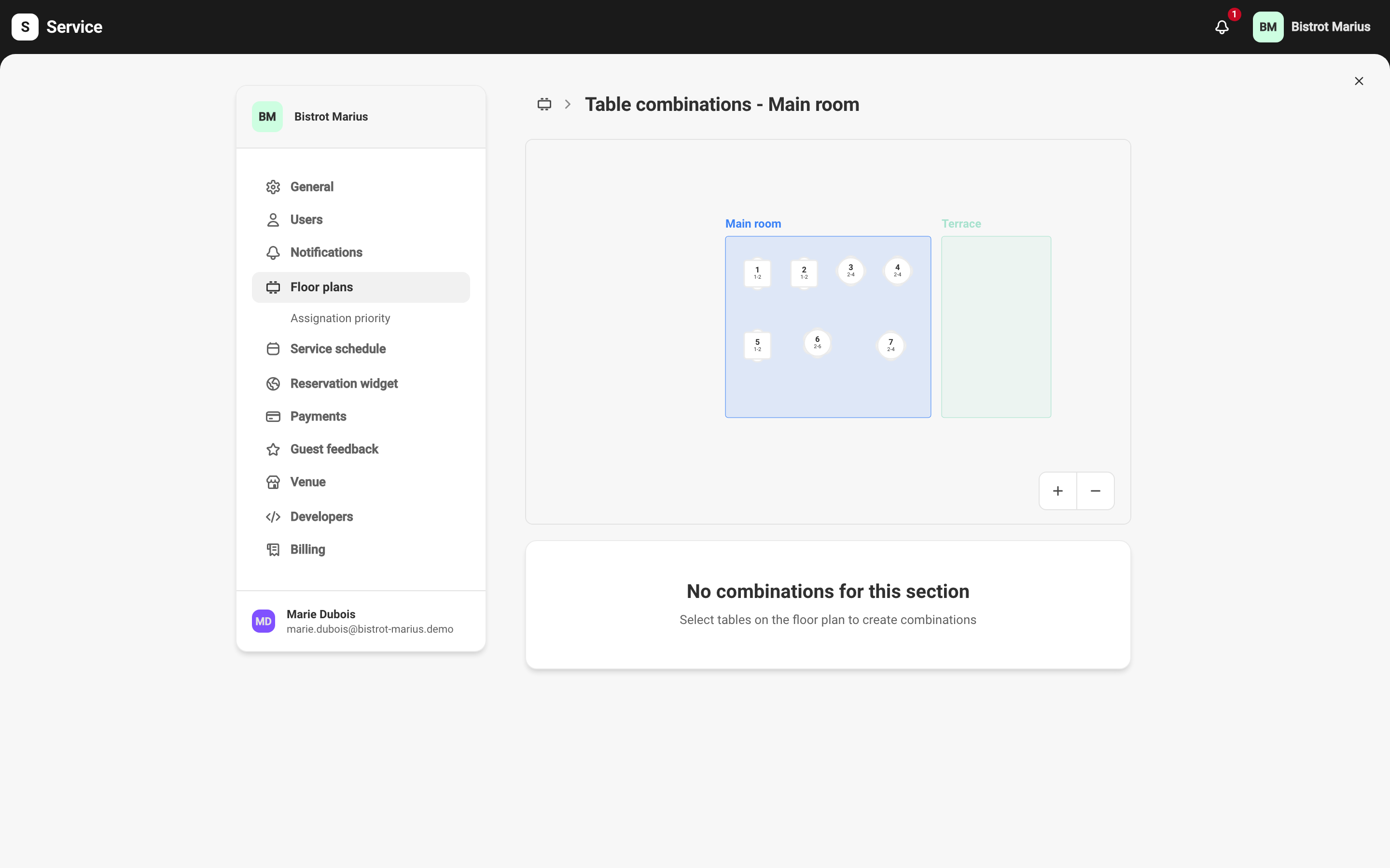 A section's combinations screen: the section's floor plan on the left and the combinations panel on the right.
