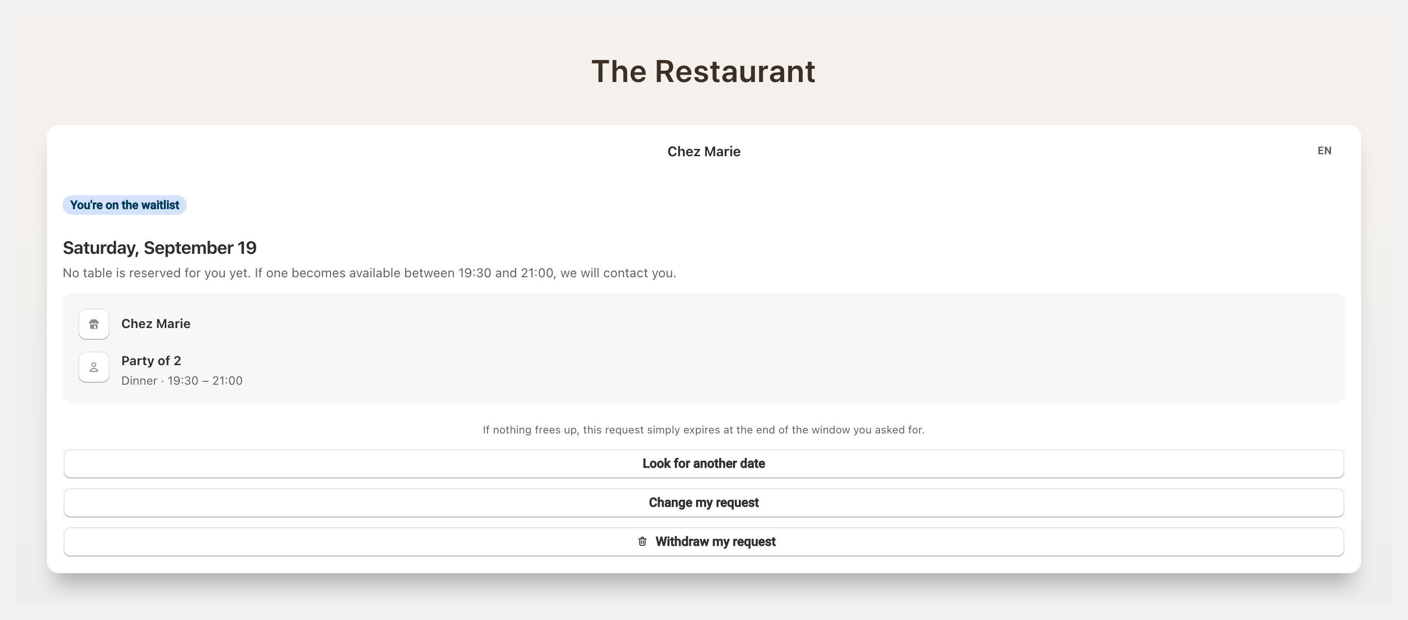 The page the guest opens from their email: the You are on the waitlist banner, the date, service, window and party size, then the Look for another date, Change my request and Withdraw my request buttons.