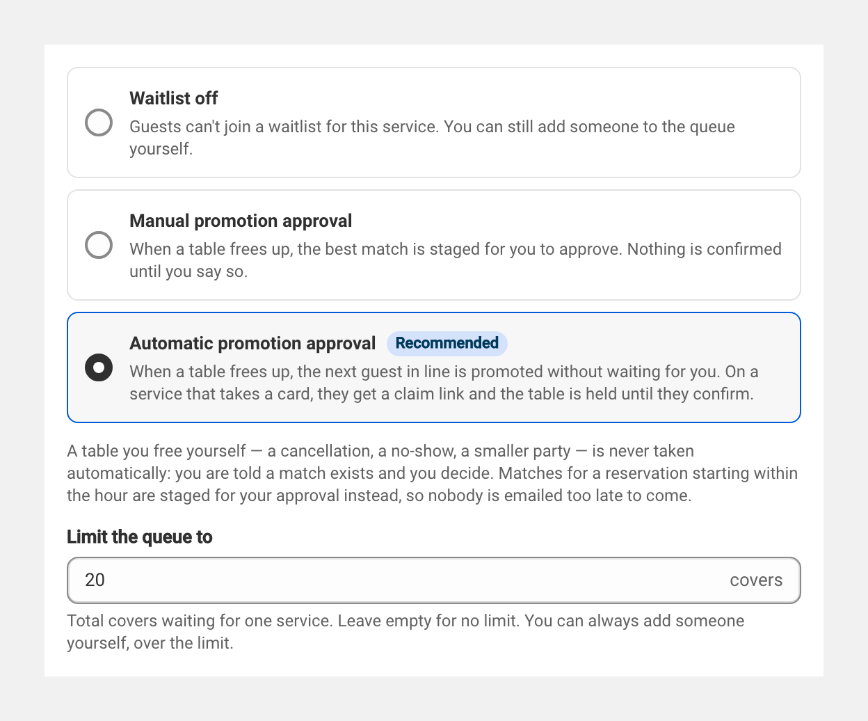 The Waitlist section of the booking rules: the three options, Automatic promotion approval selected, and the Limit the queue to field.