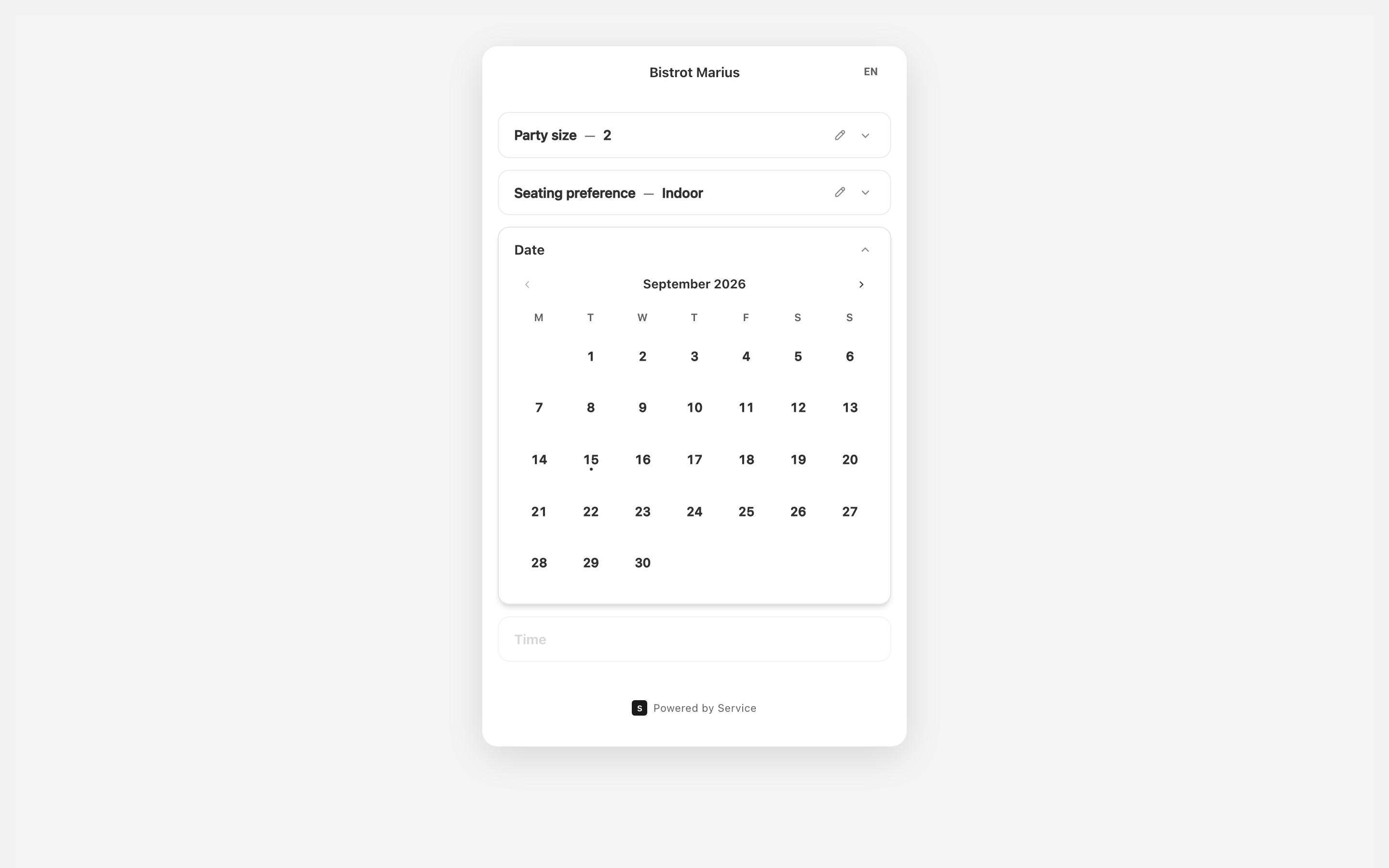 The booking widget, below its top bar showing the venue name and language switcher, open on the month calendar — the guest's party size and seating preference already chosen.