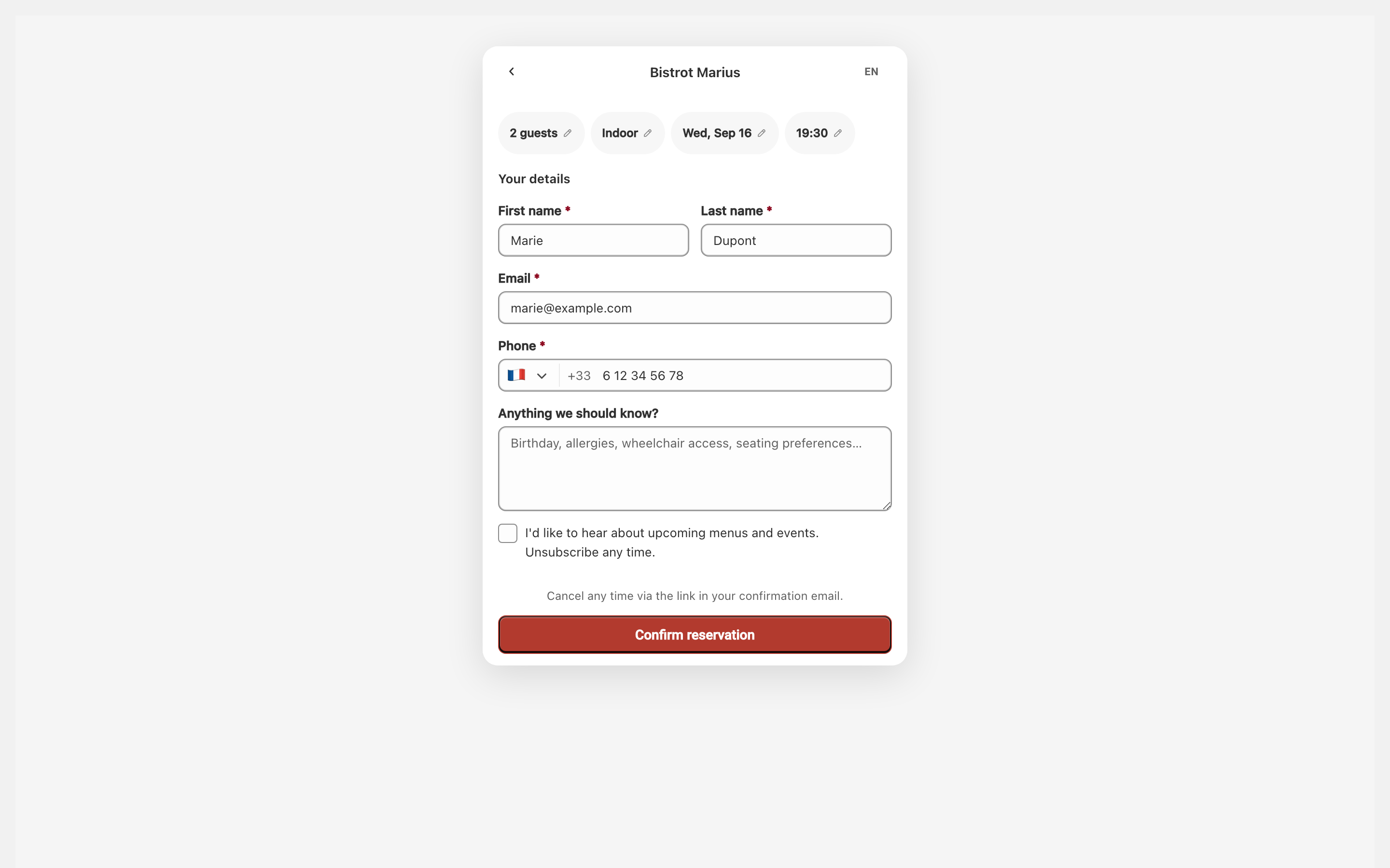 The widget's Your details form, below its top bar showing the venue name and language switcher, filled in by the guest, with the reservation summary and the Confirm reservation button.