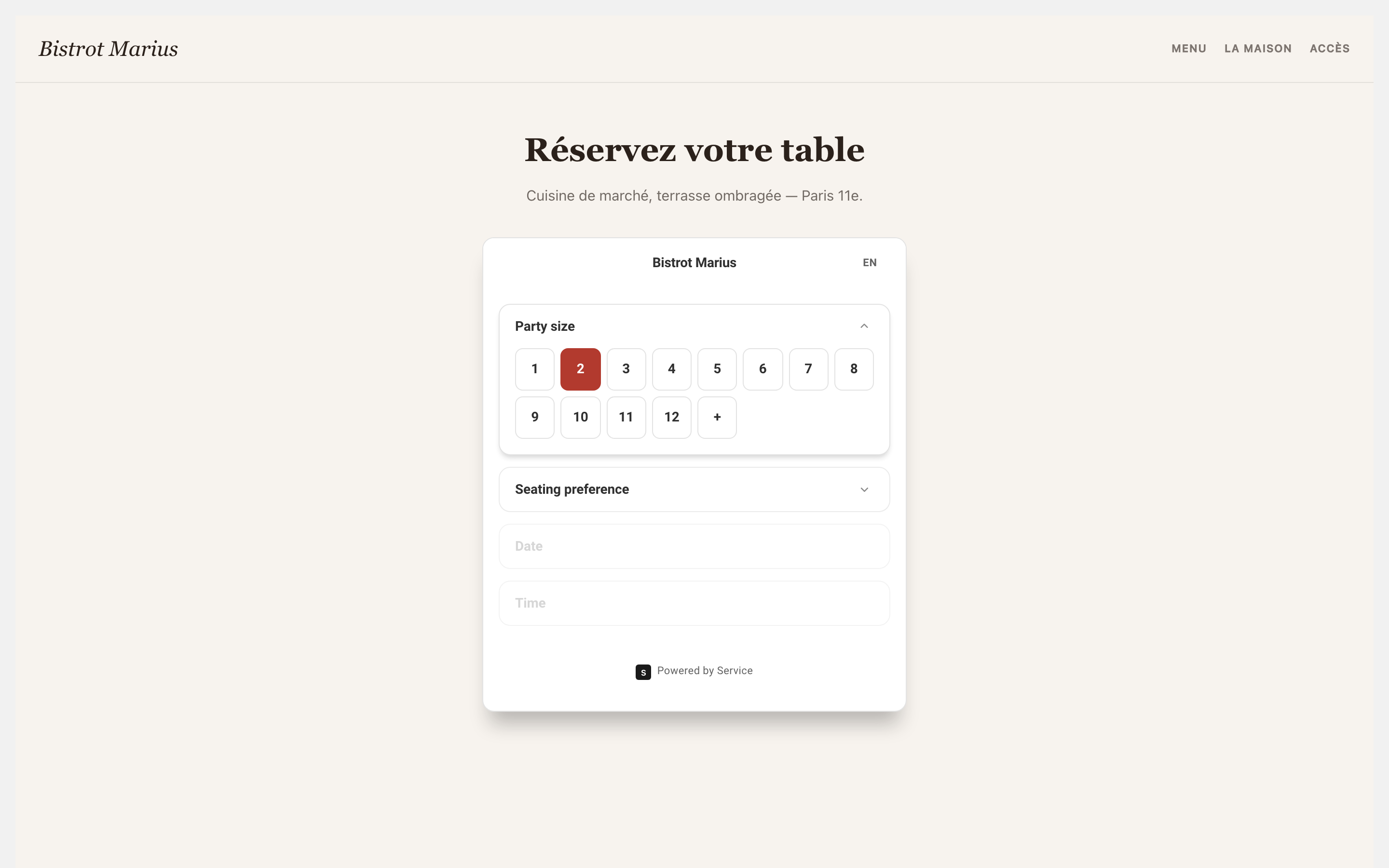 The booking widget embedded in the flow of a venue page, with its header and the booking accordion.