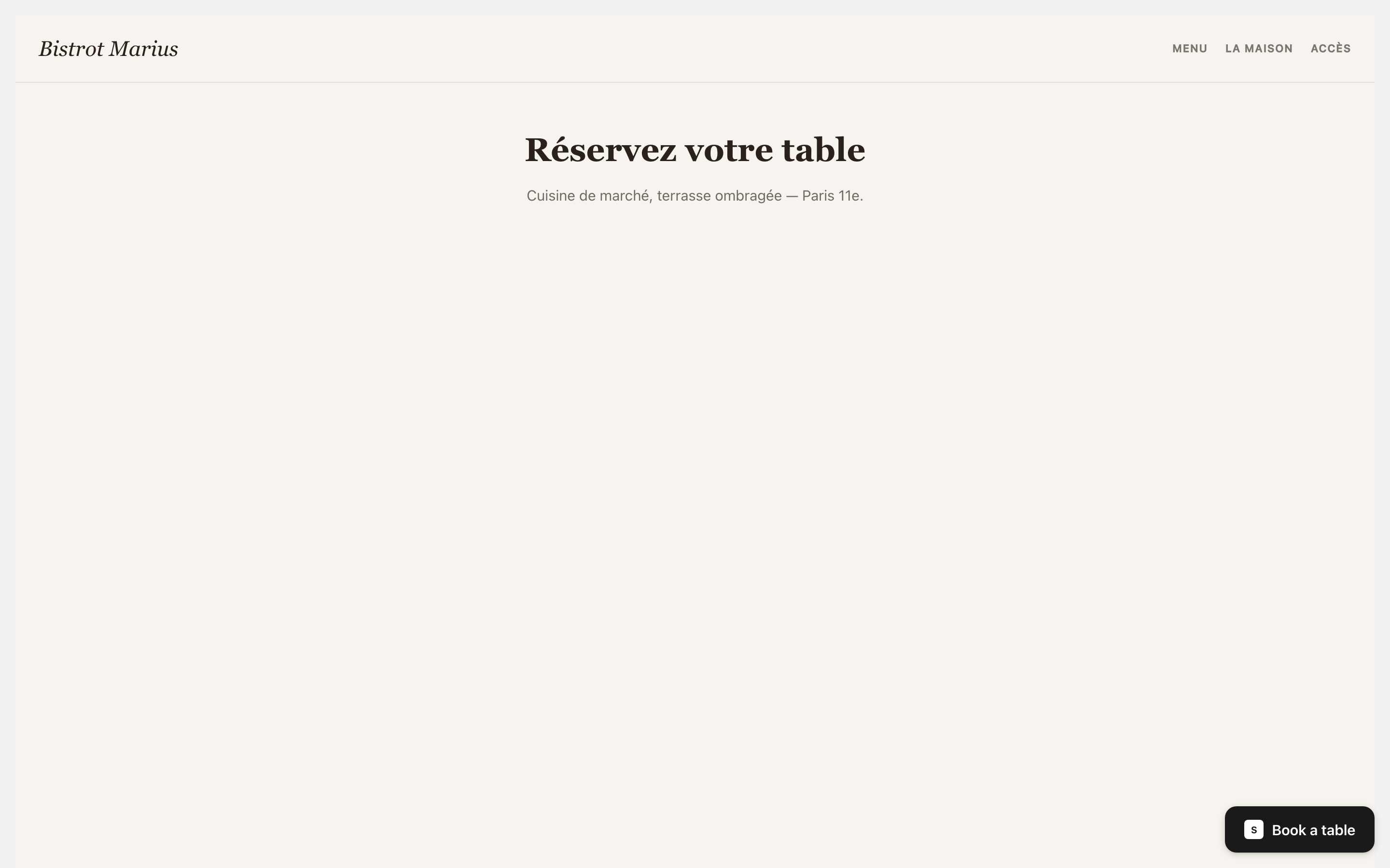 A floating Book a table button anchored at the bottom right of a venue page.