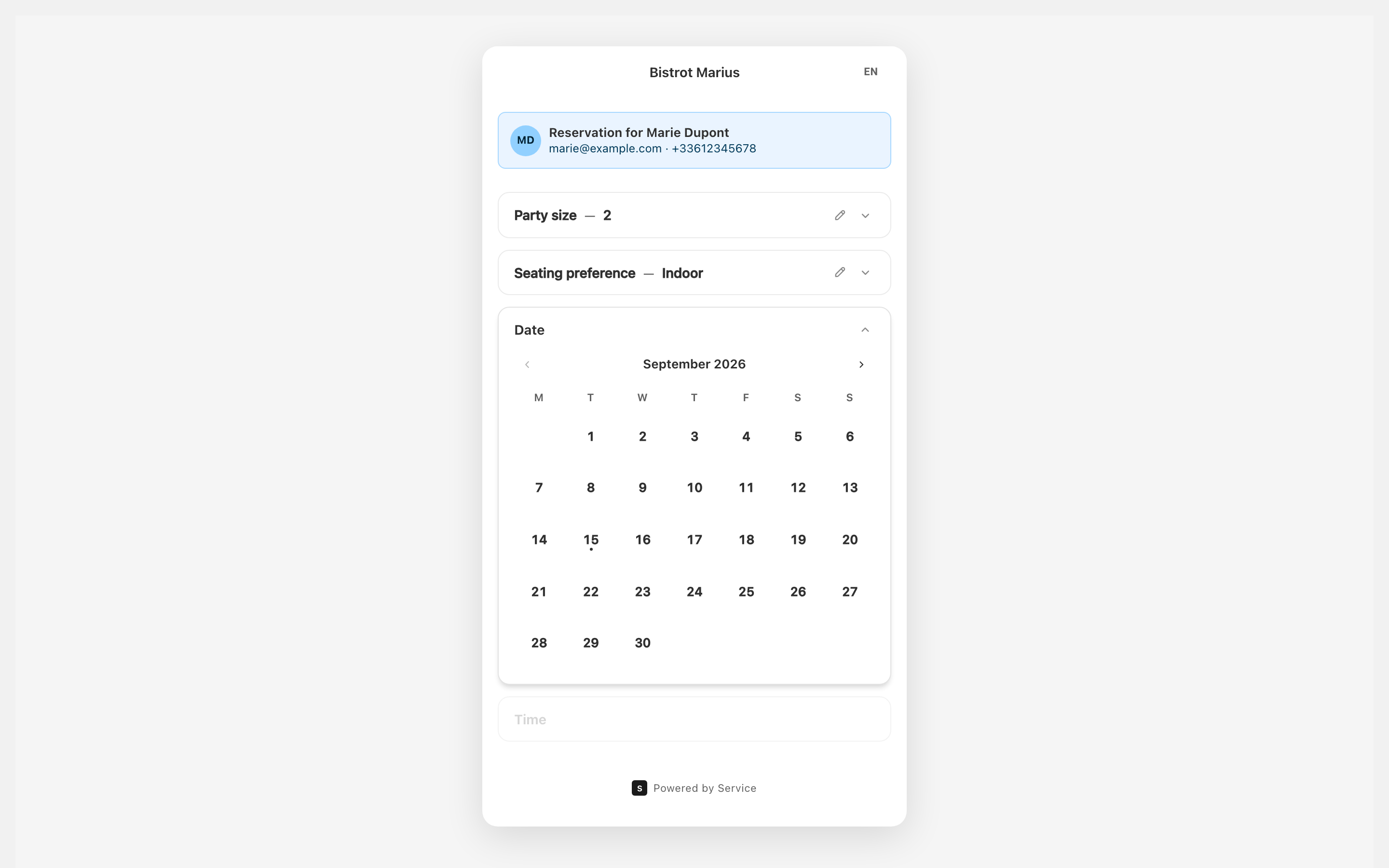 The booking widget, below its top bar showing the venue name and language switcher, with the recognised guest's reservation banner at the top — their email and phone — above the availability selection.