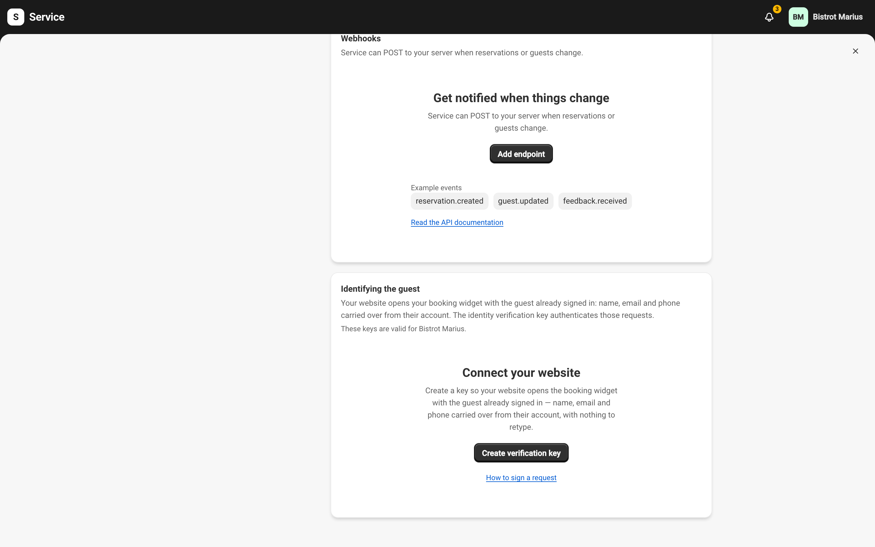 The Identifying the guest section of the Developers area, with the Create verification key button.