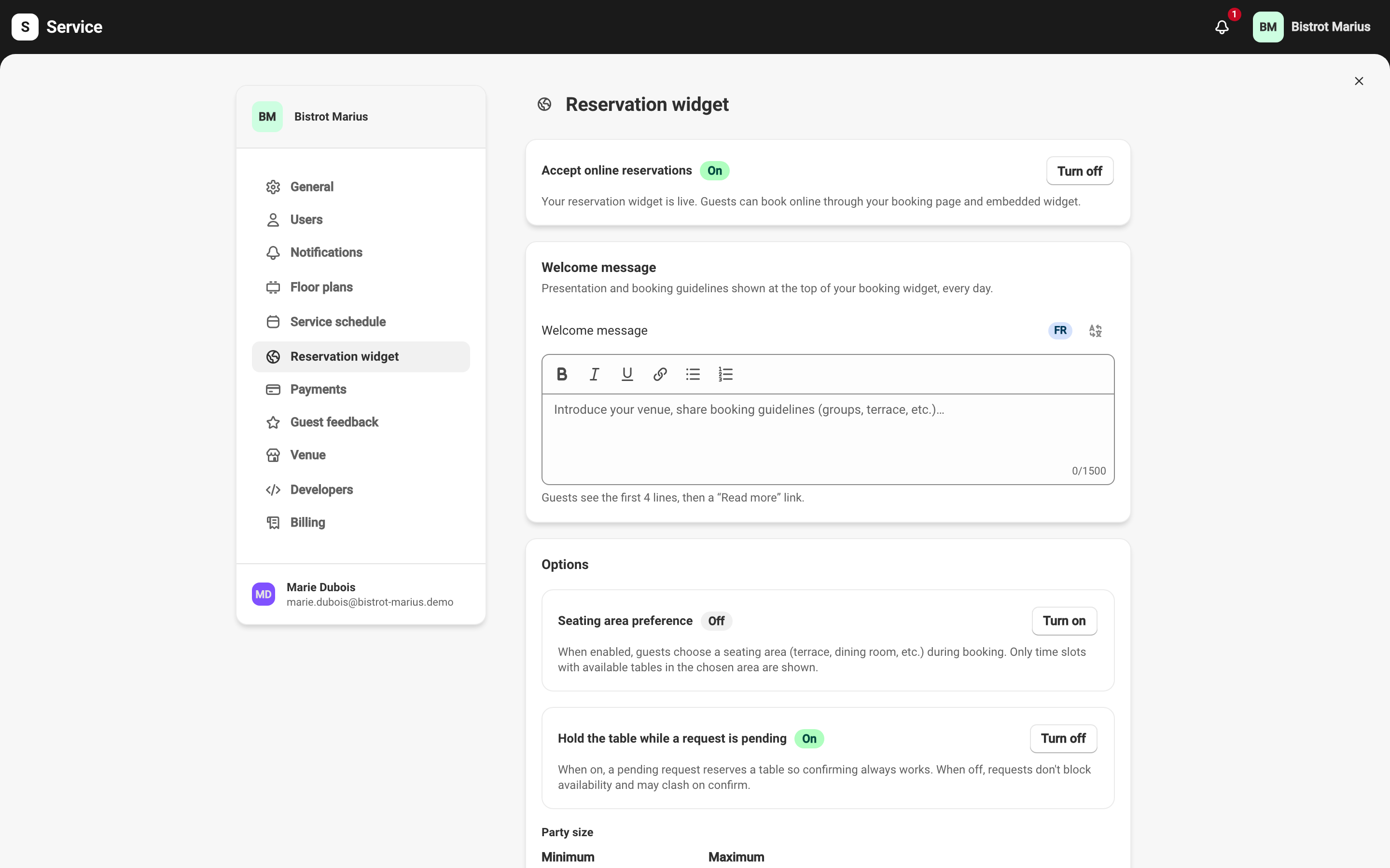 The configuration screen at Settings → Reservation widget: the Accept online reservations switch, on, at the top, followed by the welcome message and options.