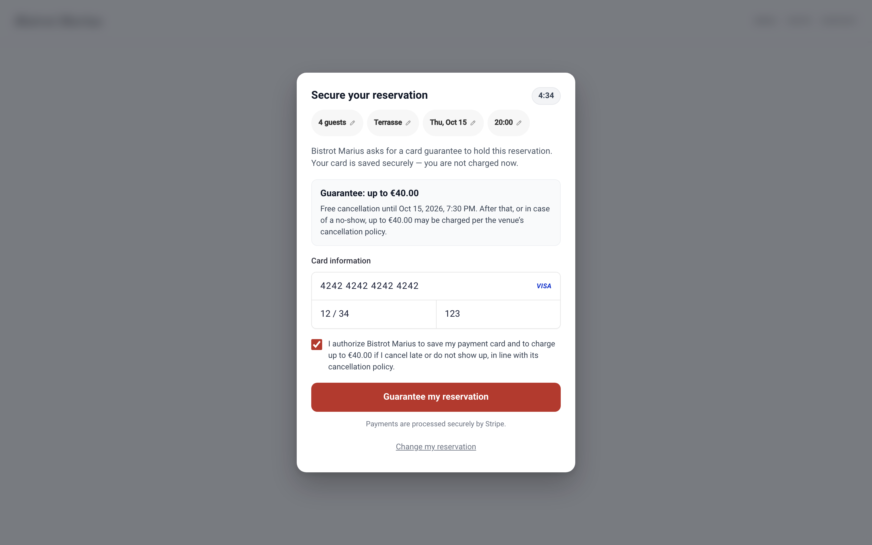 The widget card-entry step, with the guarantee amount and the note that nothing is charged.