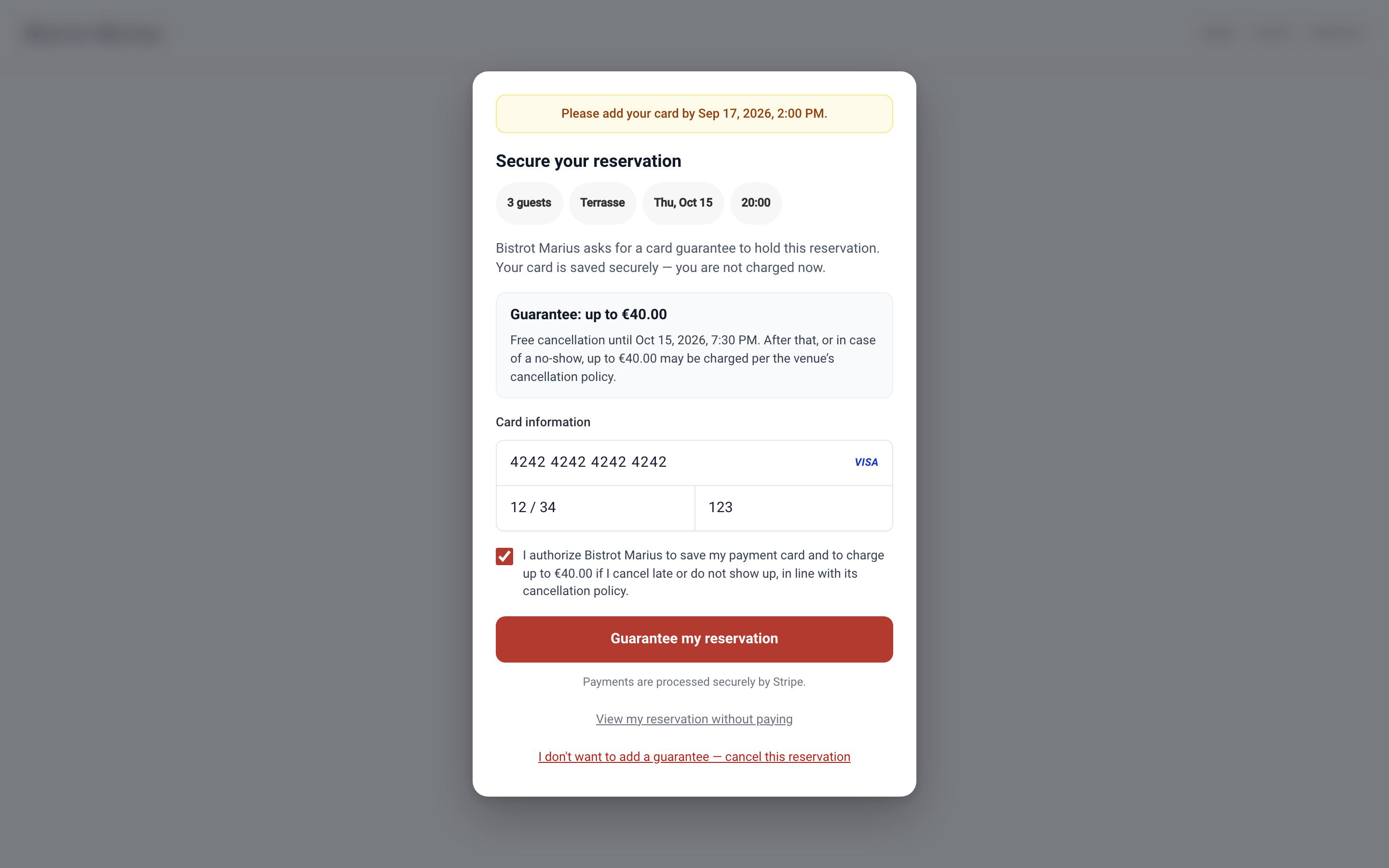 The self-service page for providing the card guarantee.