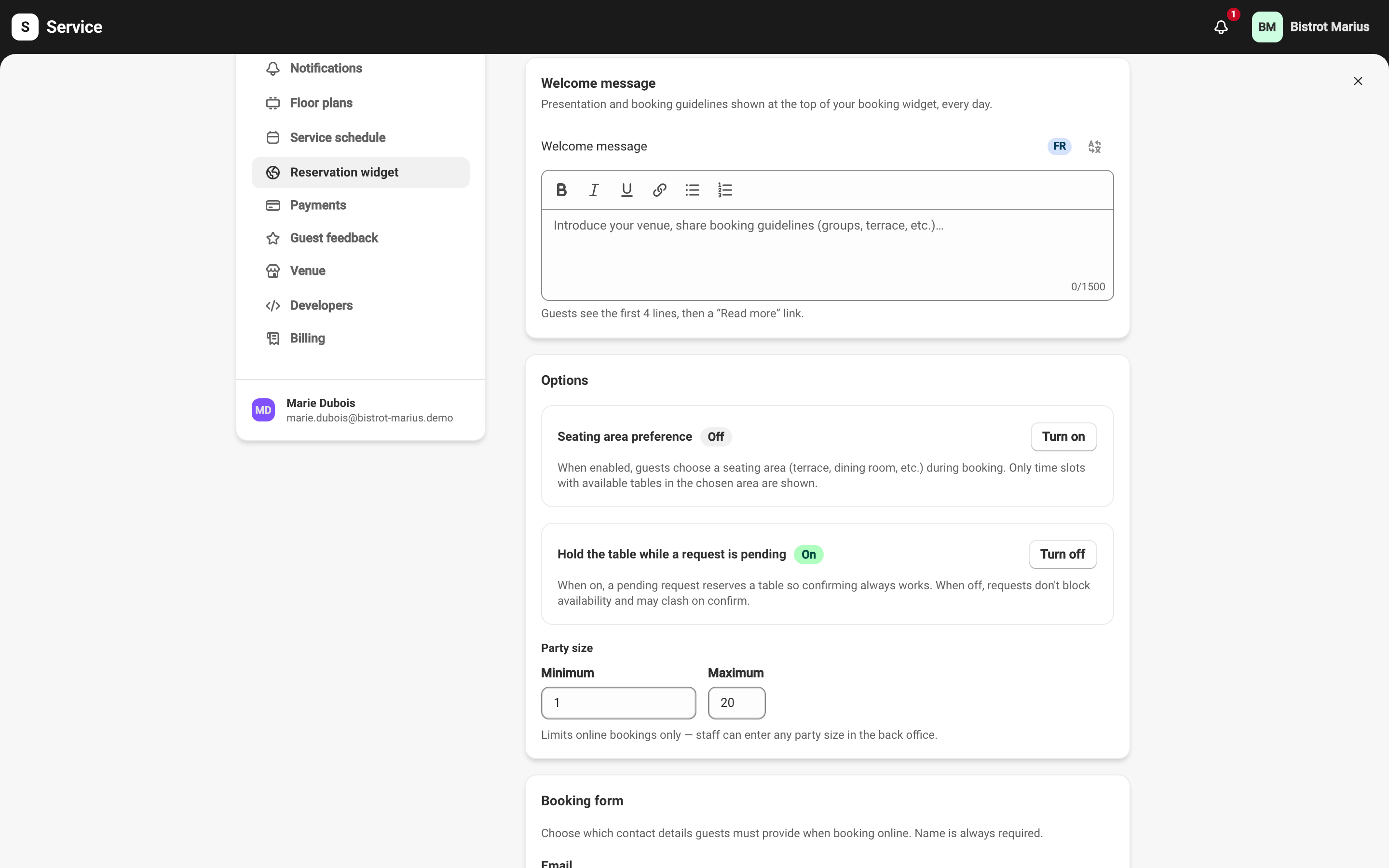 The Welcome message card at Settings → Reservation widget, with the rich-text editor, character counter and translation icon.