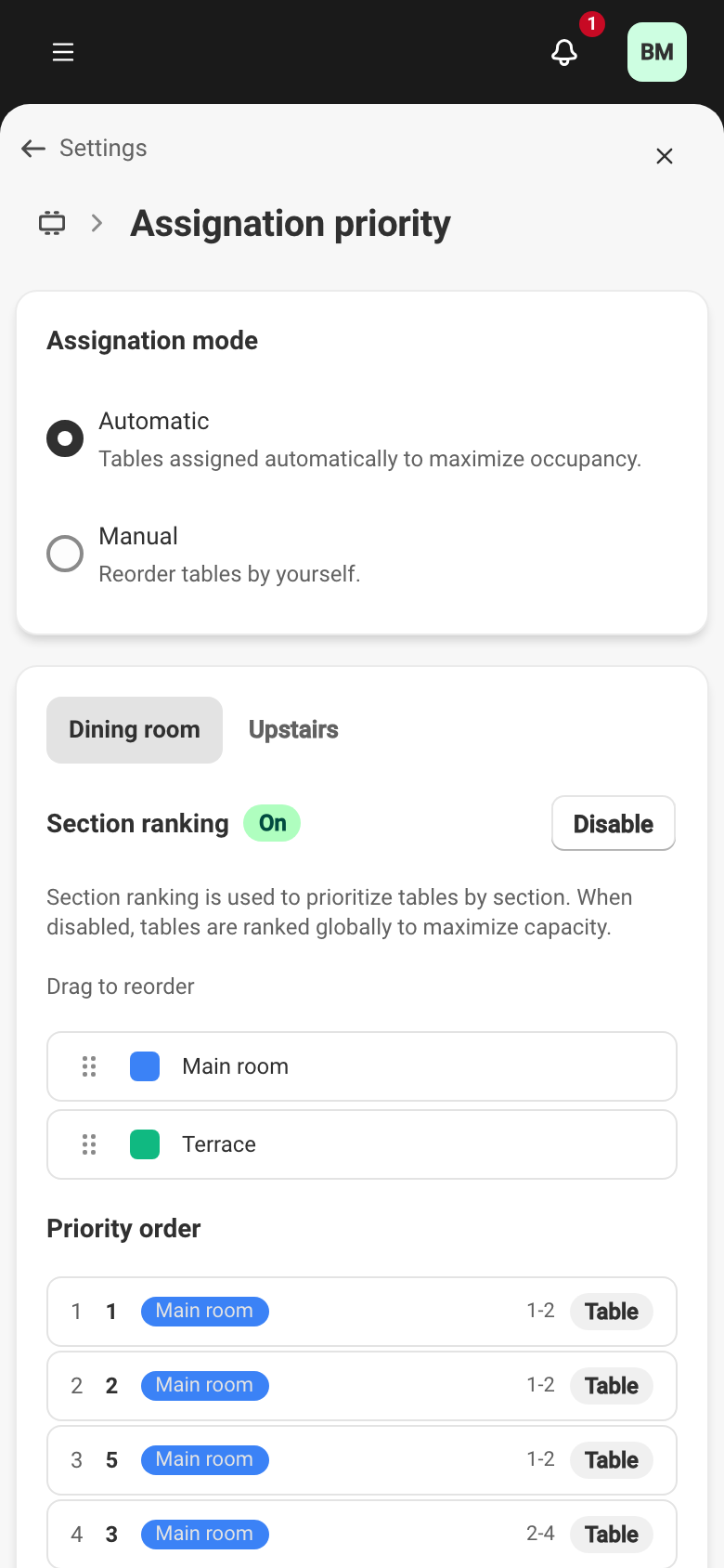 The Assignation priority screen: the Assignation mode, Section ranking and the Priority order of tables.