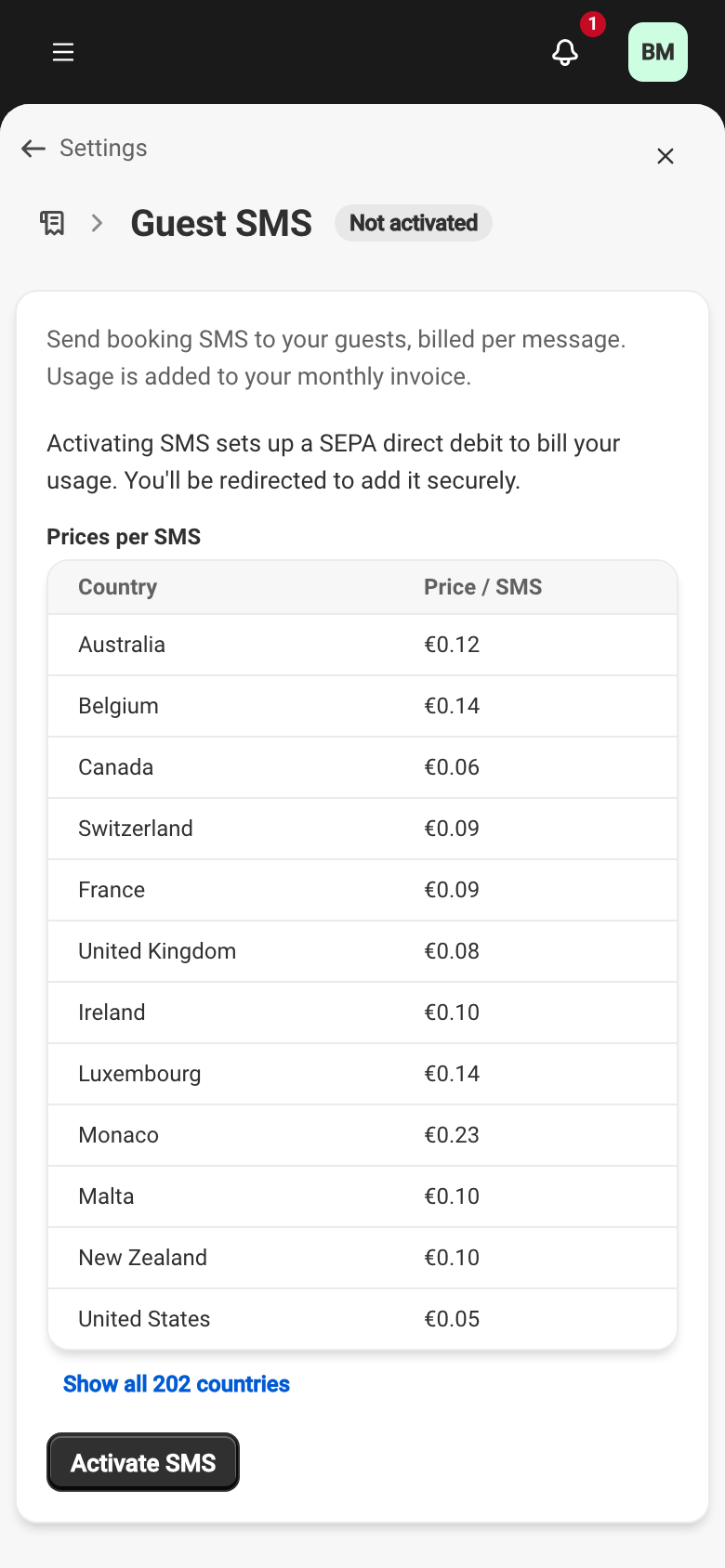 The Guest SMS page before activation: the activation text, the Prices per SMS grid with the price per country (France €0.09) and the Activate SMS button.