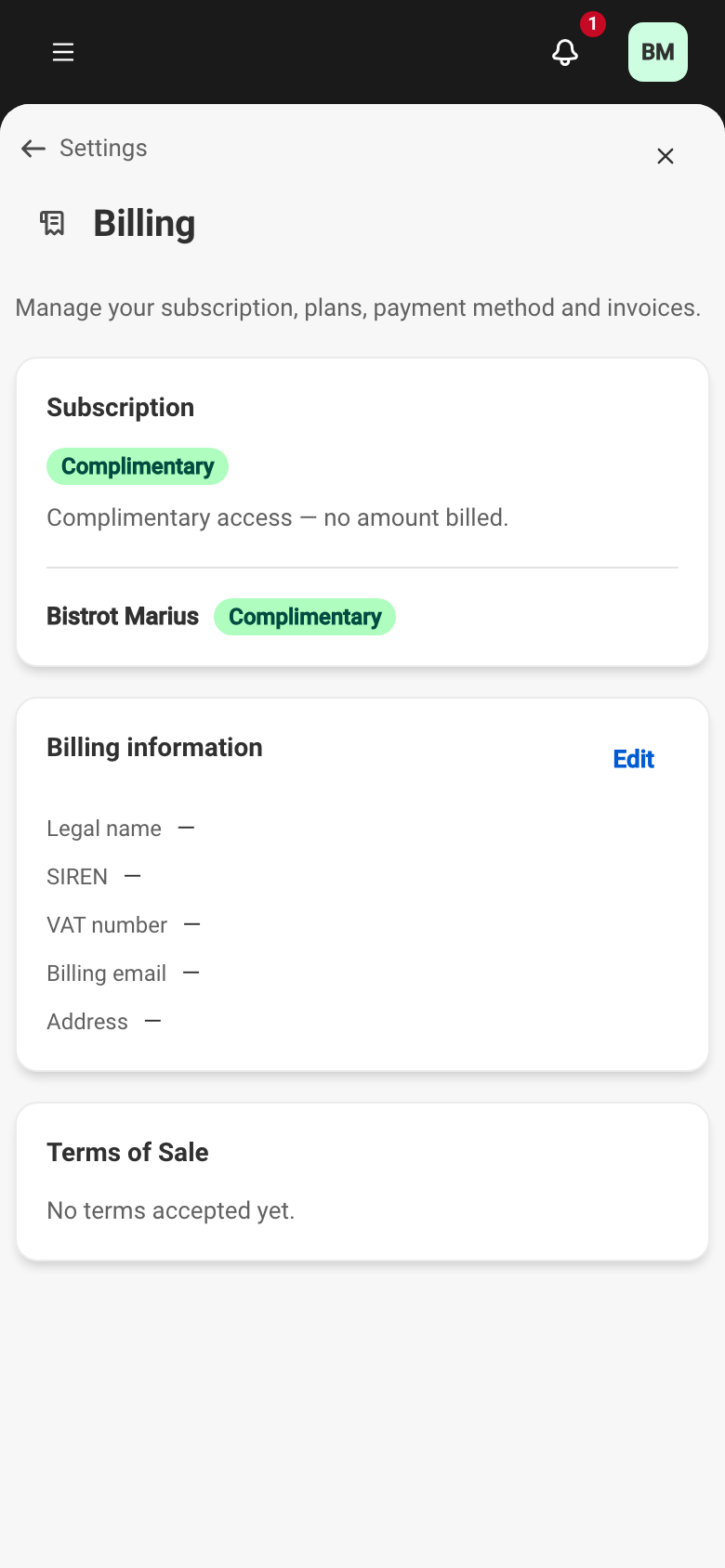 The Billing page in complimentary access: the Subscription card shows the Complimentary badge with 'Complimentary access — no amount billed', and the Bistrot Marius venue row with its Complimentary pill.