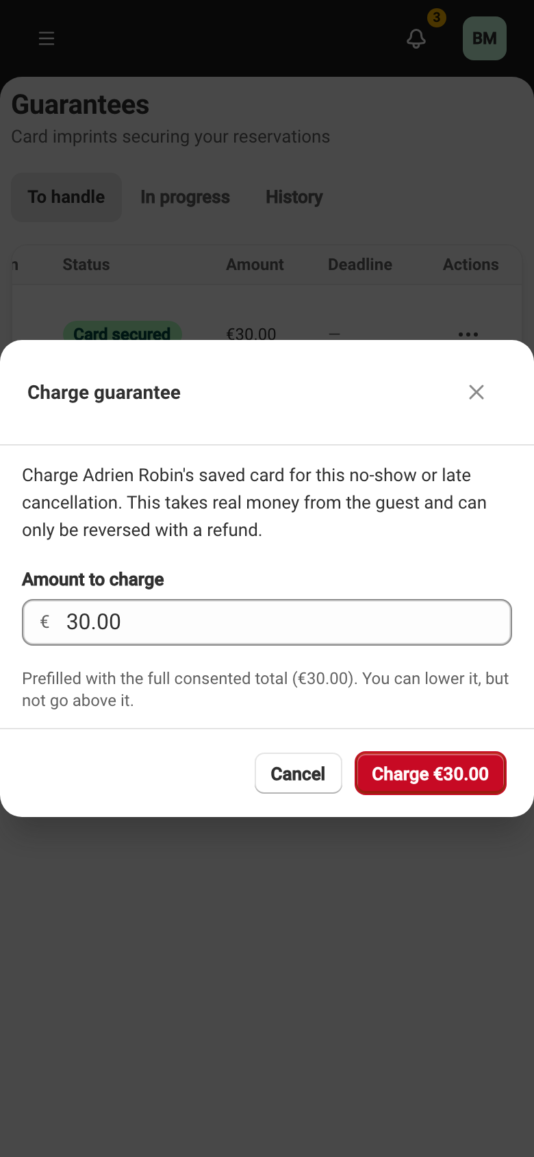 The charge window for a guarantee, amount prefilled to the consented total and editable downward.