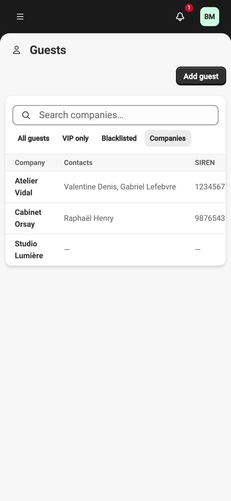 The Guests page on the Companies tab, beside All guests, VIP only and Blacklisted: three rows — Atelier Vidal with two contacts and a SIREN, Cabinet Orsay with one contact and a SIREN, Studio Lumière with neither, a dash in both columns.